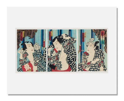 Toyohara Kunichika Woodblock Print - Actors in Unity of Three Happinesses: Favorite Actors Before a White Waterfall | Japanese Ukiyo-e Art for Home Decor & Collectors