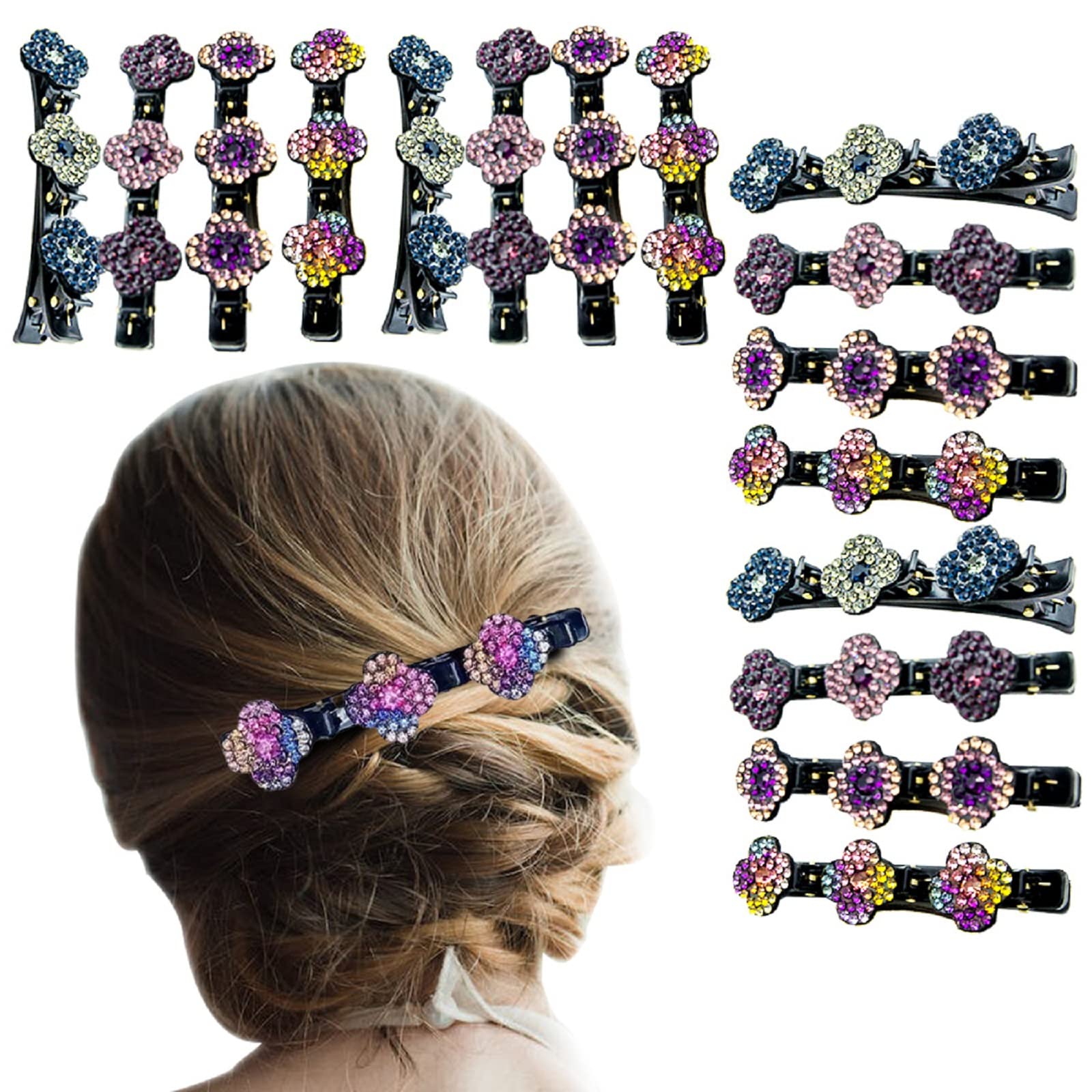 16pcs Braided Hair Clips for Women - Floral Hair Accessories, Satin Fabric Hair Bands with Sparkling Rhinestones - Perfect Gift for Her | Great for Weddings, Parties & Everyday Styling