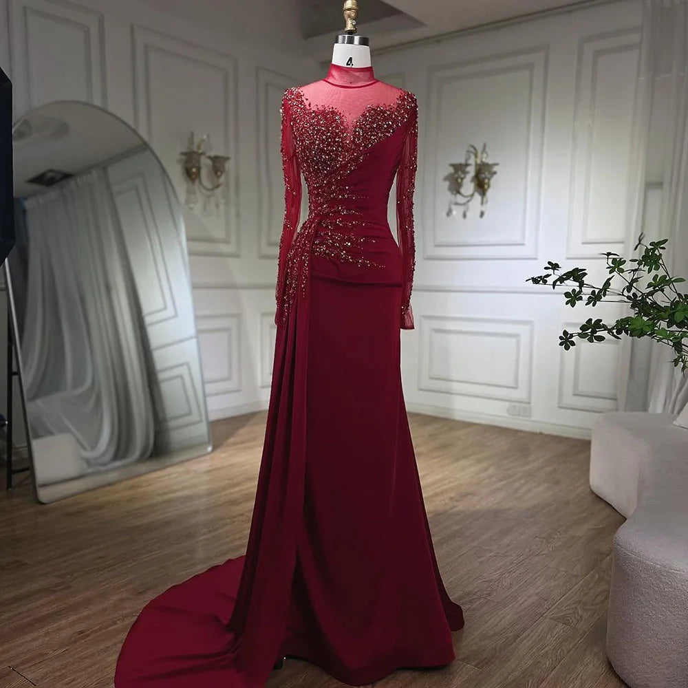 Elegant Rose Gold Long Sleeve High Neck Mermaid Evening Dress with Skirt - Women's Luxury Party Gown for Formal Events, Prom, Wedding Guest & Special Occasions 2025 LA71804