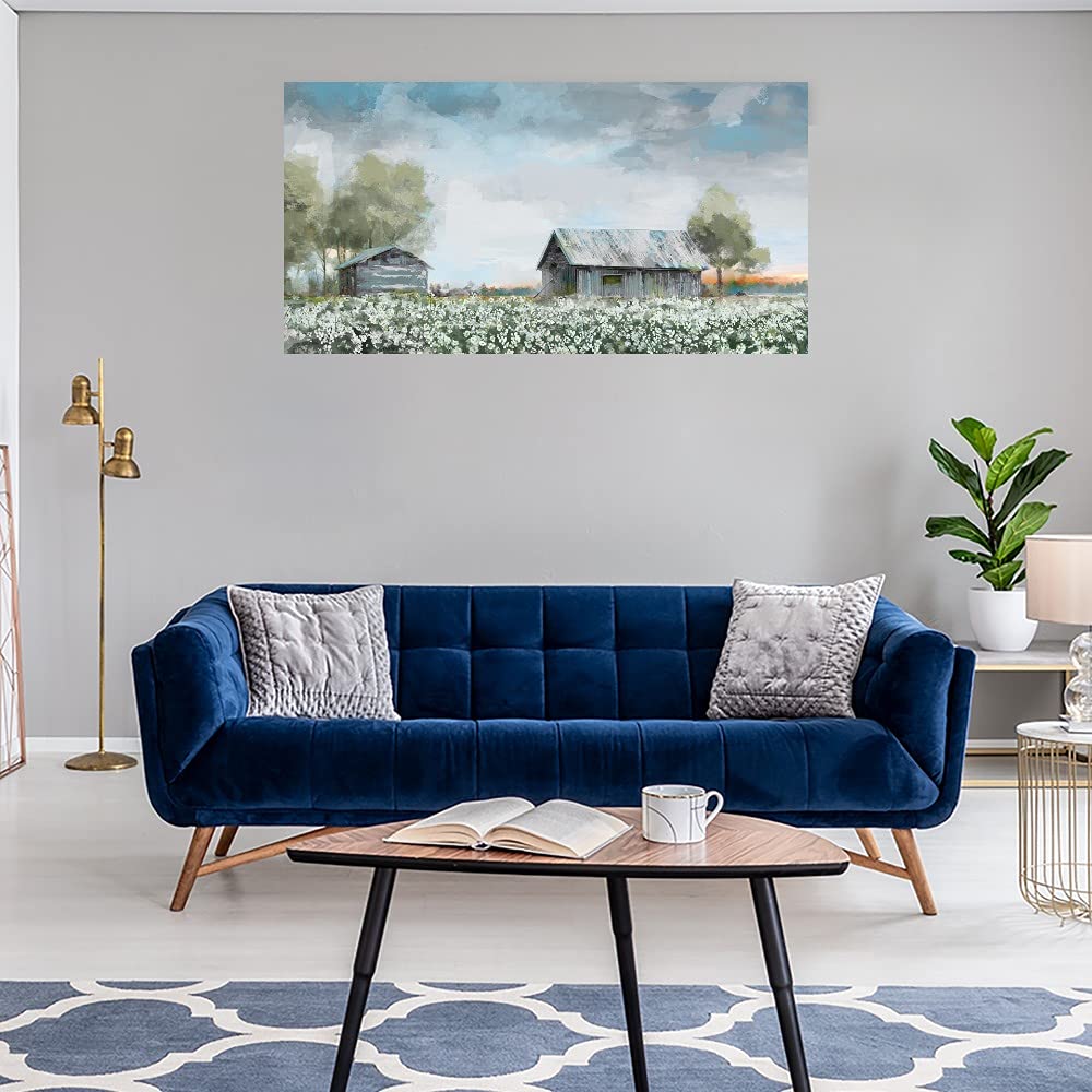 Blue Barn Fine Art Canvas Wall Decor - Hand Painted by Artist Studio Arts - Ready to Hang 40x21 Inches - Perfect for Living Room, Bedroom, Office & More - Farmhouse & Rustic Home Decor