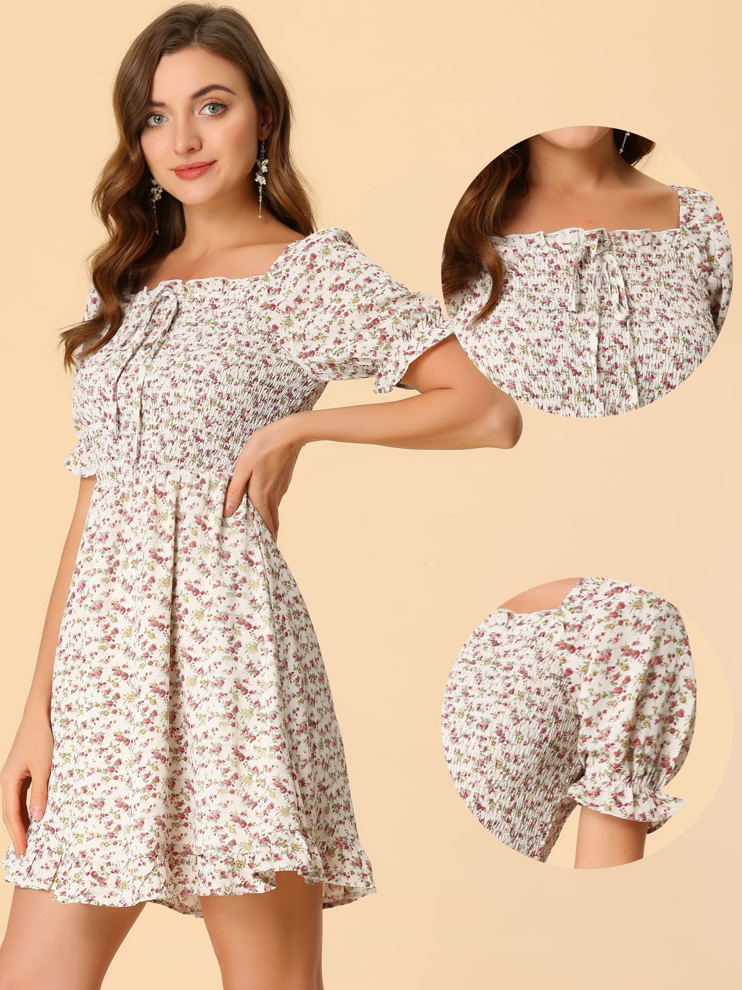 Allegra K Women's Floral Smocked Square Neck Puff Sleeve Ruffled Dress - Perfect for Summer Parties, Weddings & Date Nights