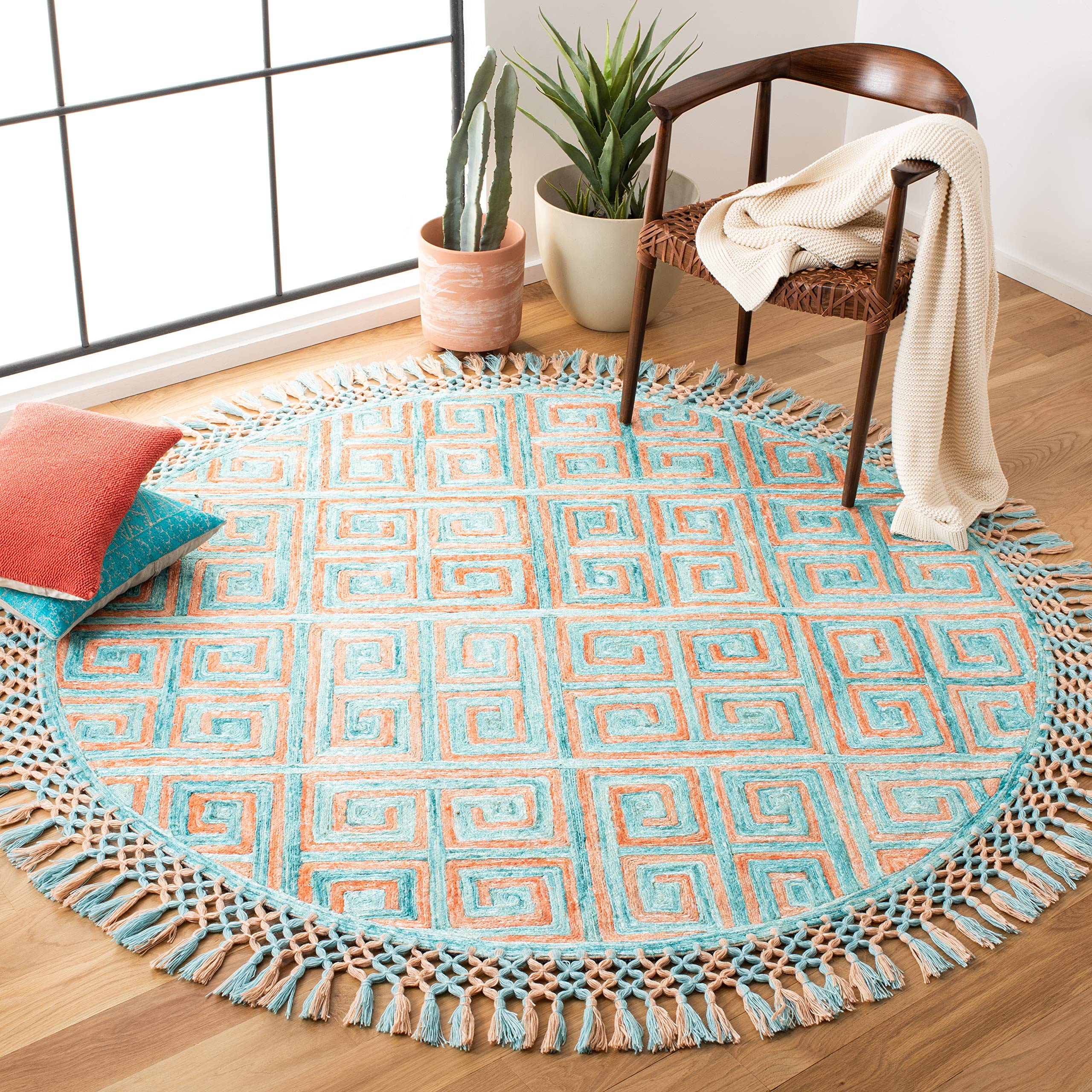 SAFAVIEH Sahara Collection 6-Foot Round Rust & Aqua Handmade Bohemian Tassel Area Rug - Perfect for Boho Living Room, Bedroom or Dorm Decor