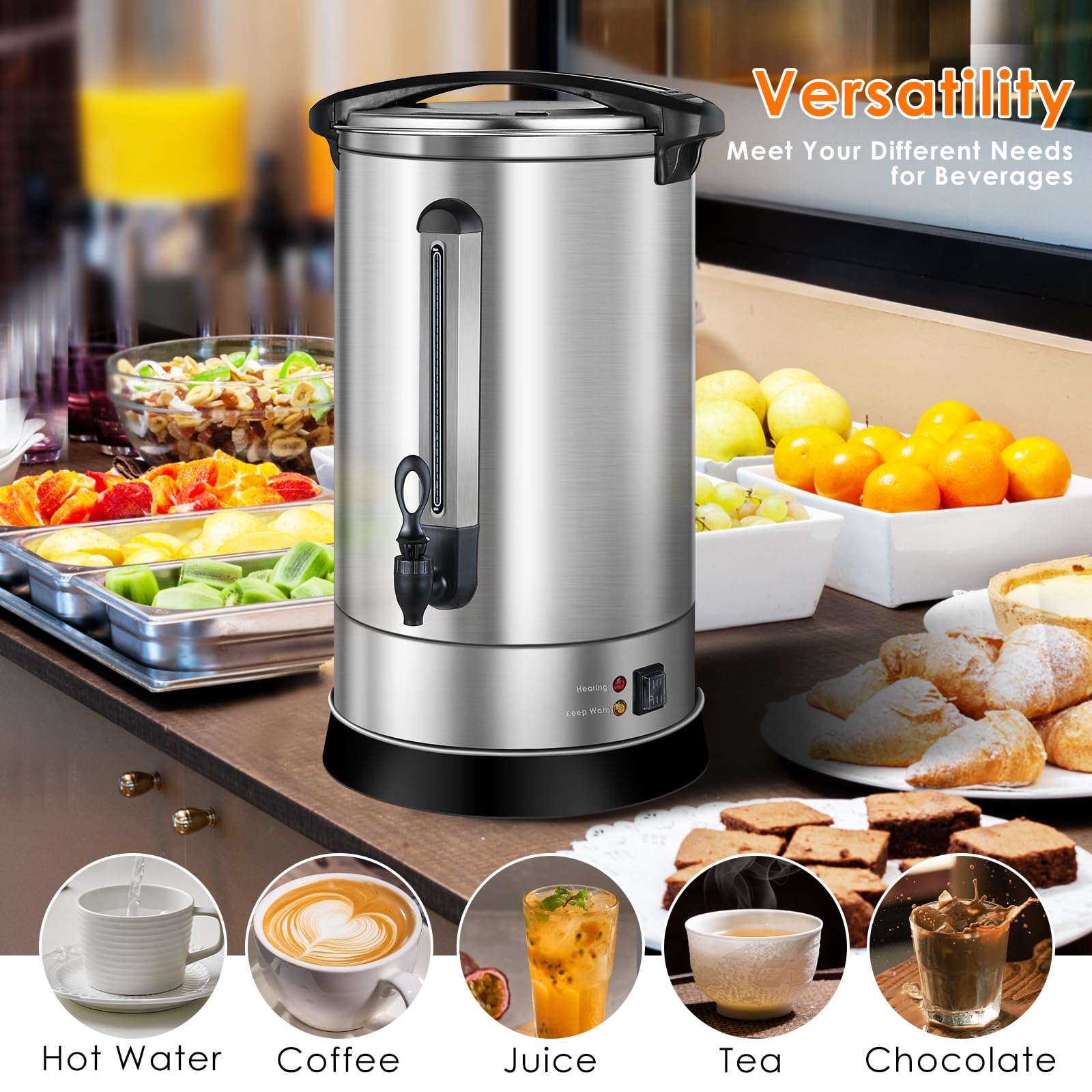 17L Commercial Coffee Urn - Stainless Steel Electric Coffee Dispenser with Internal Stage, Double Wall Insulation for Quick Brew (113 Cups) - Perfect for Offices, Catering, Events & Large Gatherings
