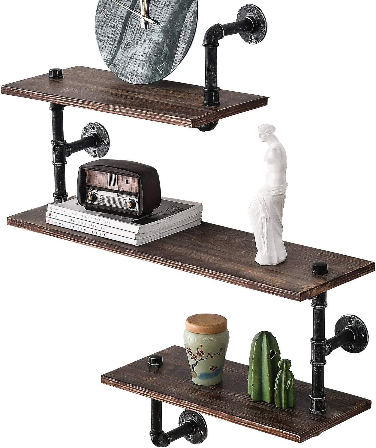 BOSURU Industrial Floating Pipe Shelves - Rustic Wall Mounted Shelf Brackets for Bathroom, Kitchen, Living Room | Perfect for Home Decor, Books & Storage | Great for Farmhouse, Vintage & Modern Interior Design