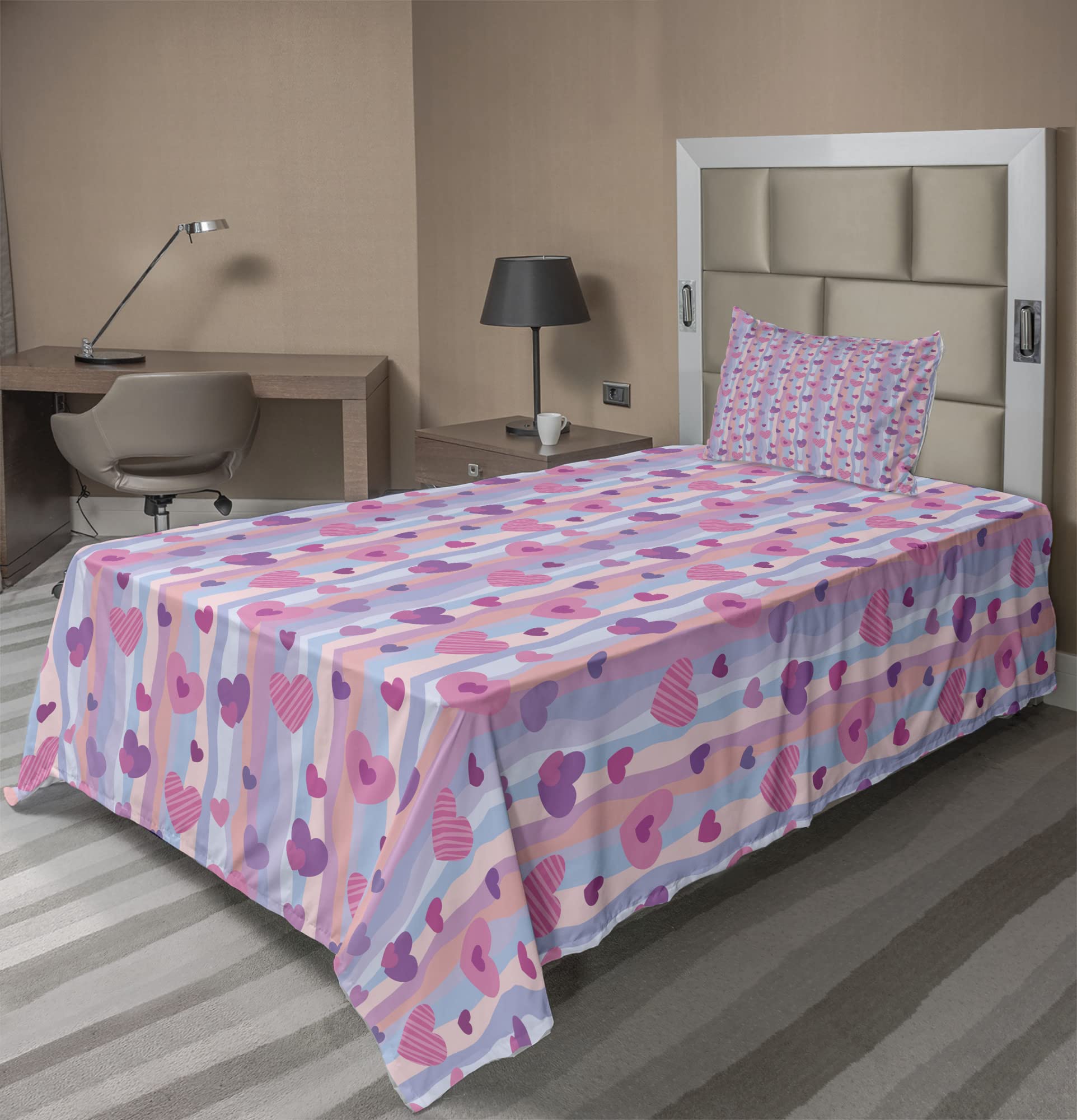 Ambesonne 3-Piece Love Heart Sheet Set - Twin XL Pale Mauve Purple Vertical Stripes for Valentine's Day, Wedding & Romantic Bedroom Decor - Fitted Sheet, Flat Sheet & Pillowcase
