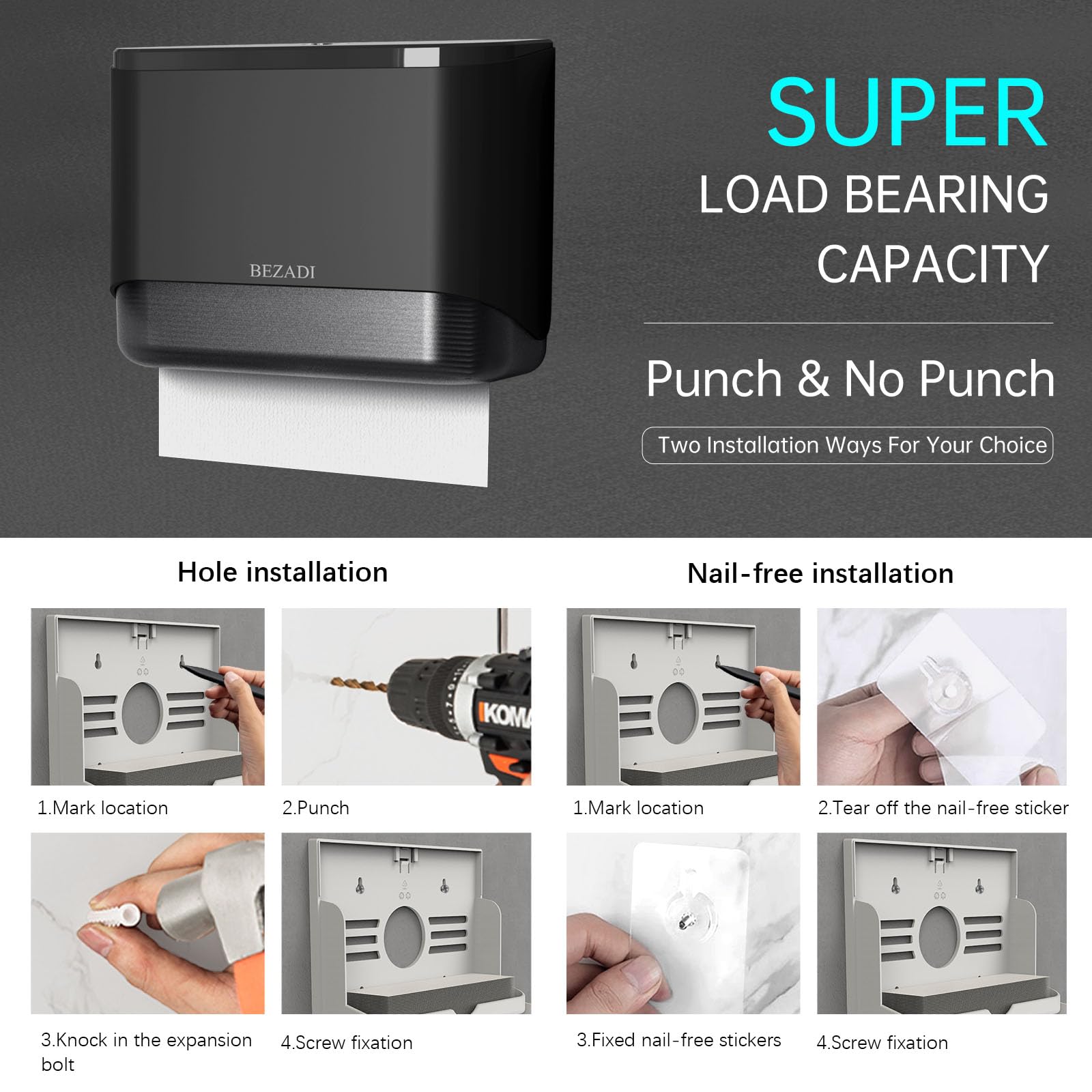 Large Capacity Wall Mount Paper Towel Dispenser with Smart Lock - Holds 200+ Sheets - Black Bathroom & Kitchen Tissue Holder for Home, Office & Restaurant Use