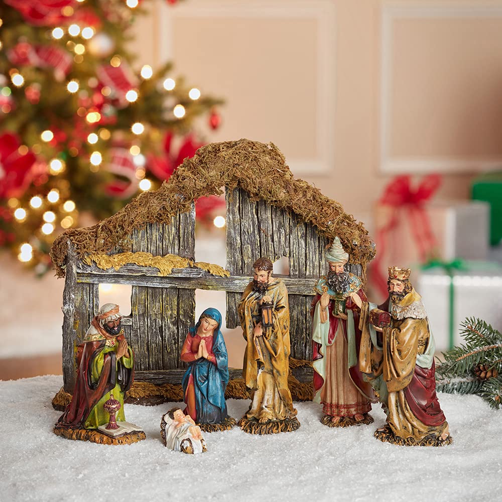 Kurt Adler 6-Inch Resin Nativity Set of 7 Pieces - Christmas Home Decor, Holiday Tabletop Display, Religious Figurines for Mantel & Shelf Decoration