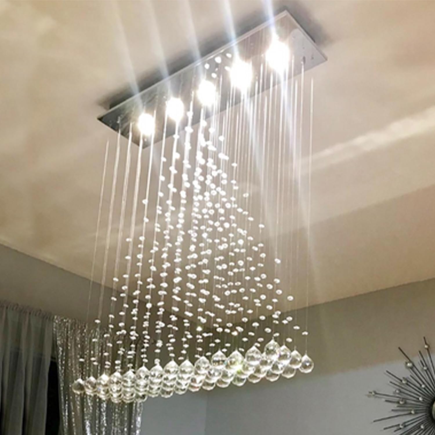 Modern Crystal Rain Drop Chandelier - LED Flush Mount Ceiling Light Fixture for Bathroom, Living Room, Dining Room, Foyer, Bedroom & Hallway - 32