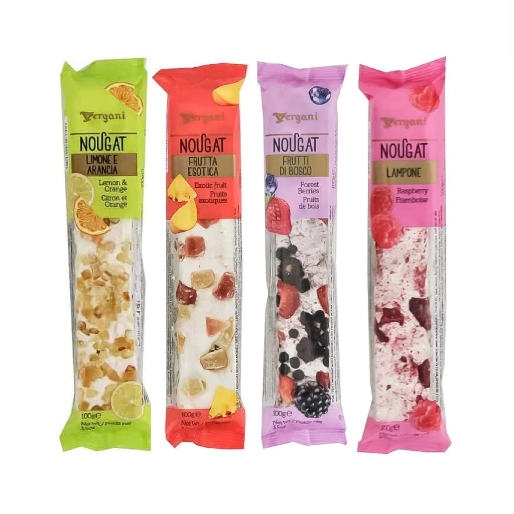 Vergani Mixed Fruit Nougat Candy Bars - Gluten-Free Healthy Snack, Pack of 4 (100g/3.5oz Each) | Perfect for Office Snacks, Party Favors & Gift Baskets