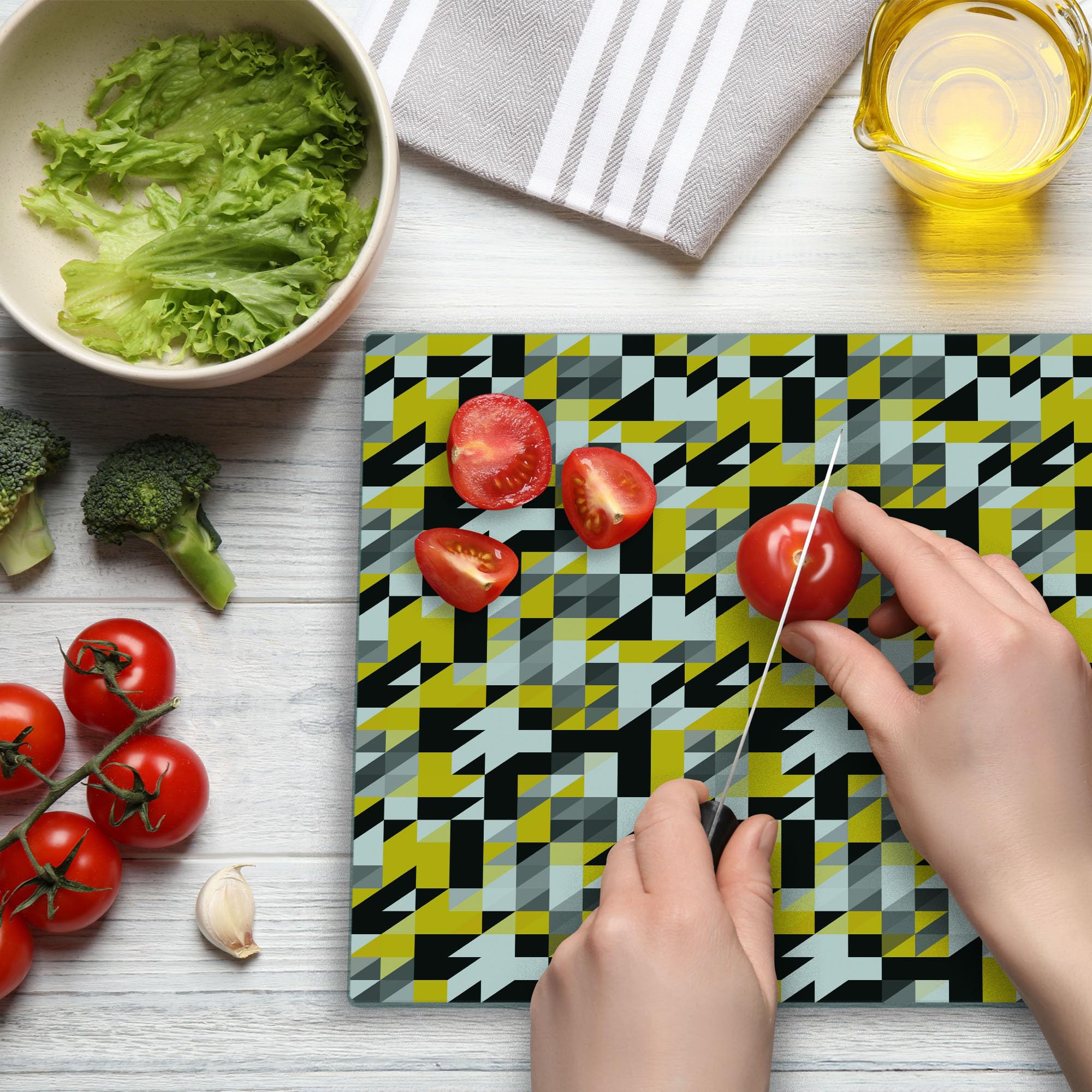 Ambesonne Geometric Glass Cutting Board - Yellow & White for Kitchen & Serving