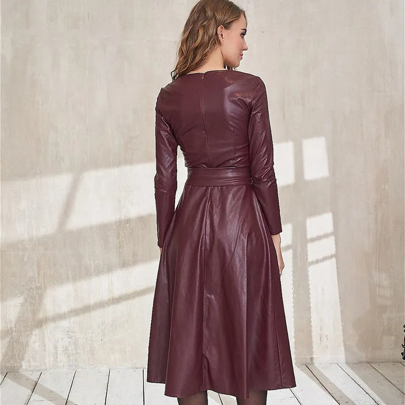 Stylish Faux Leather Belted Dress for Women - Slim Fit Long Sleeve PU Club Dress | Sexy Autumn Winter Outfit for Parties, Date Nights & Special Occasions