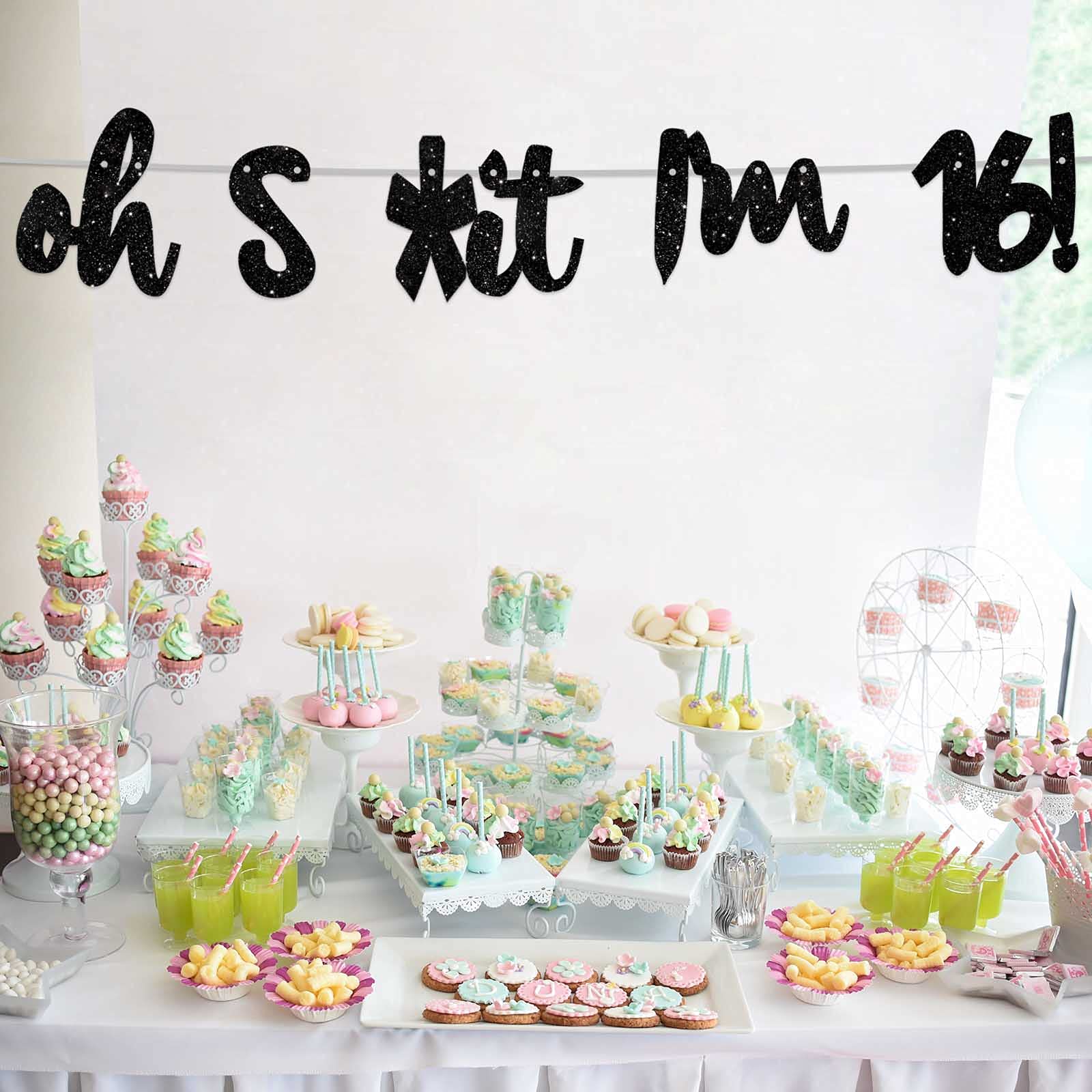 Glitter Black 'Oh I'm 16!' Banner Backdrop - Happy 16th Birthday Party Decorations for Boys & Girls, Sweet Sixteen Photo Studio Props, Flags & Party Supplies | Perfect for Birthday Celebrations, Photo Booths & Themed Decor