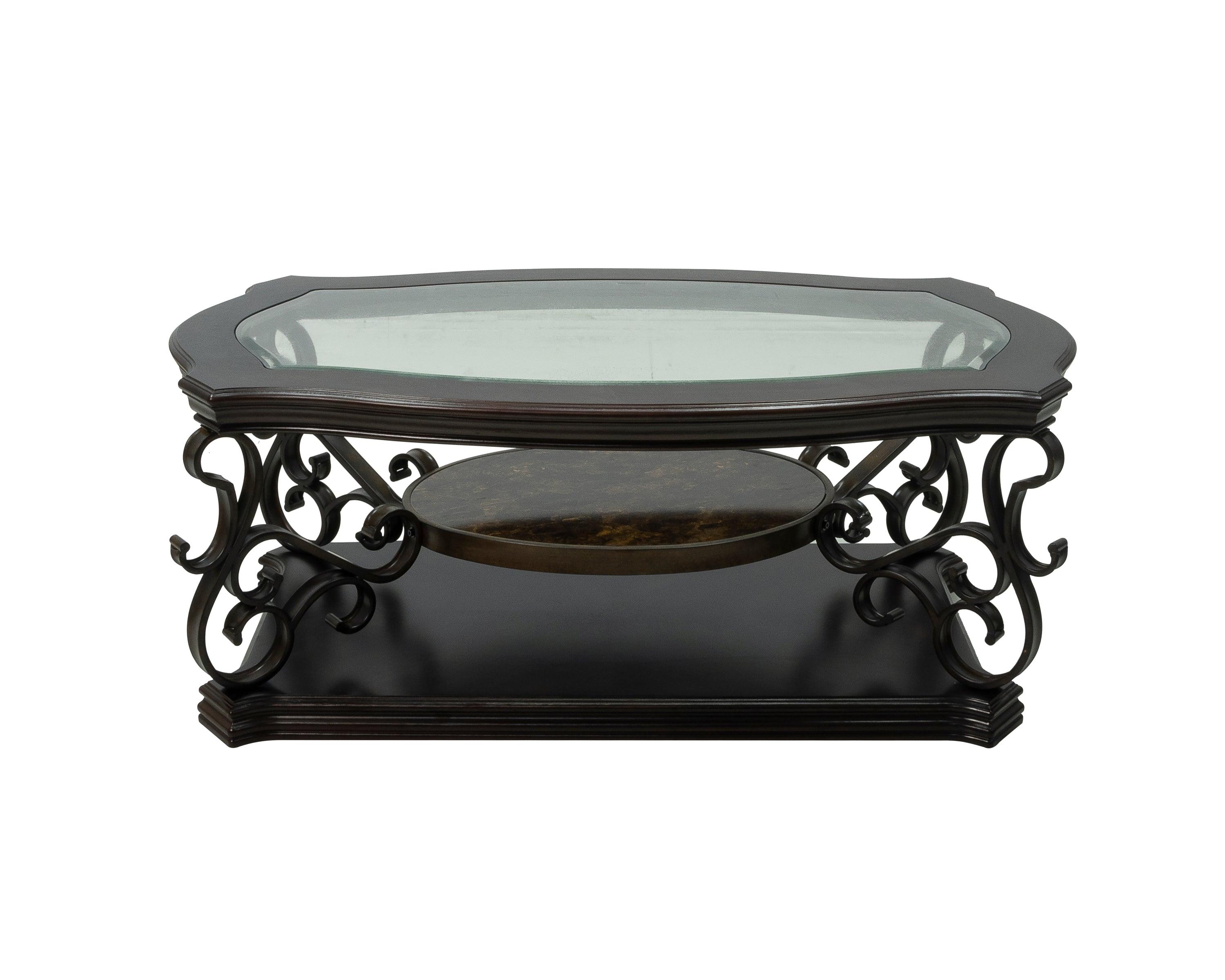 Modern Cocktail Table with Glass Top & MDF Marble-Pattern Shelf - Powder Coated Metal Legs (52