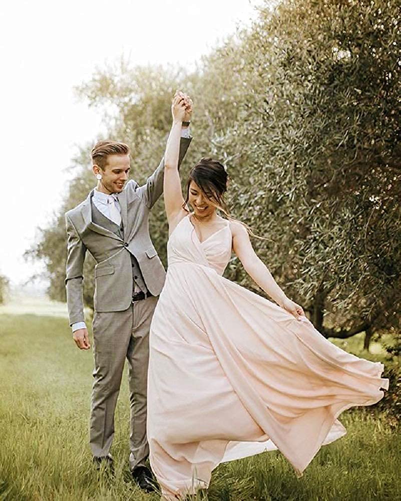 Elegant A-Line Chiffon Bridesmaid Dress with Spaghetti Straps & V-Neck - Formal Wedding Guest Gown in Grey (Size 6) - Perfect for Bridal Parties, Formal Events & Evening Occasions