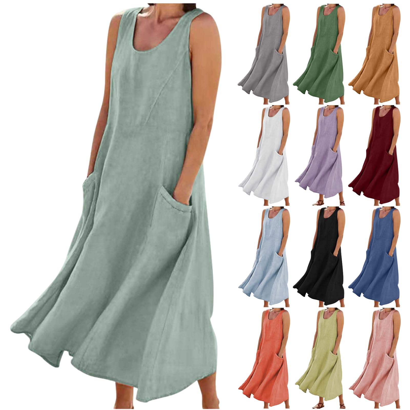 Women's Linen Maxi Dress 2024 - Casual Sleeveless Flowy Beach Dress with Pockets | Summer Vacation, Boho Outfit & Outdoor Party Wear