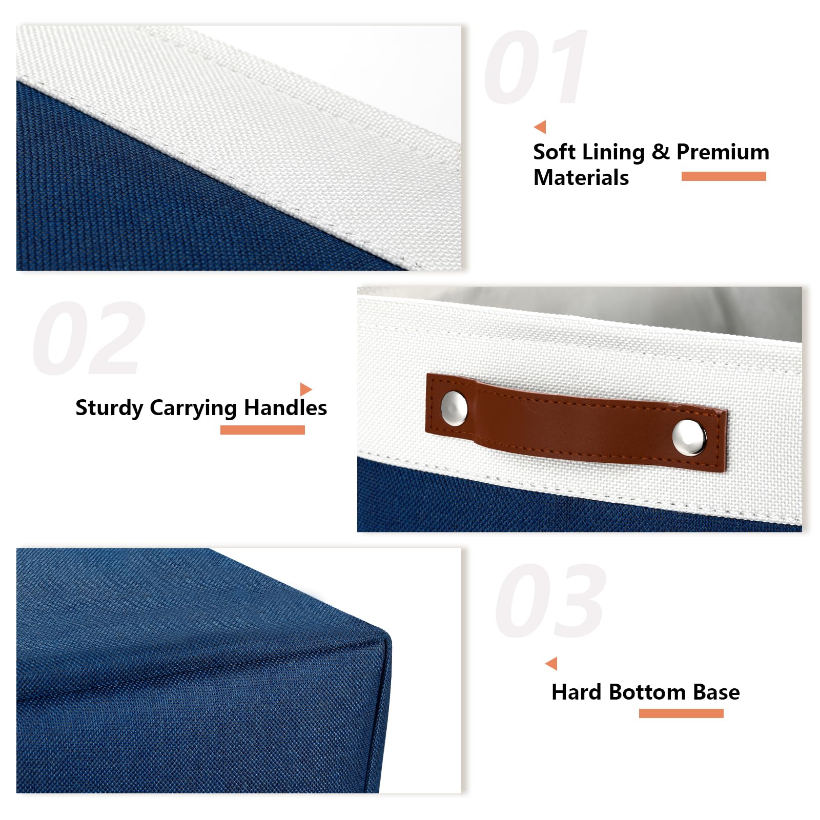 DULLEMELO Storage Baskets with Leather Handles - Home & Office Organizer for Shelves, Toys & Clothes (White & Blue)
