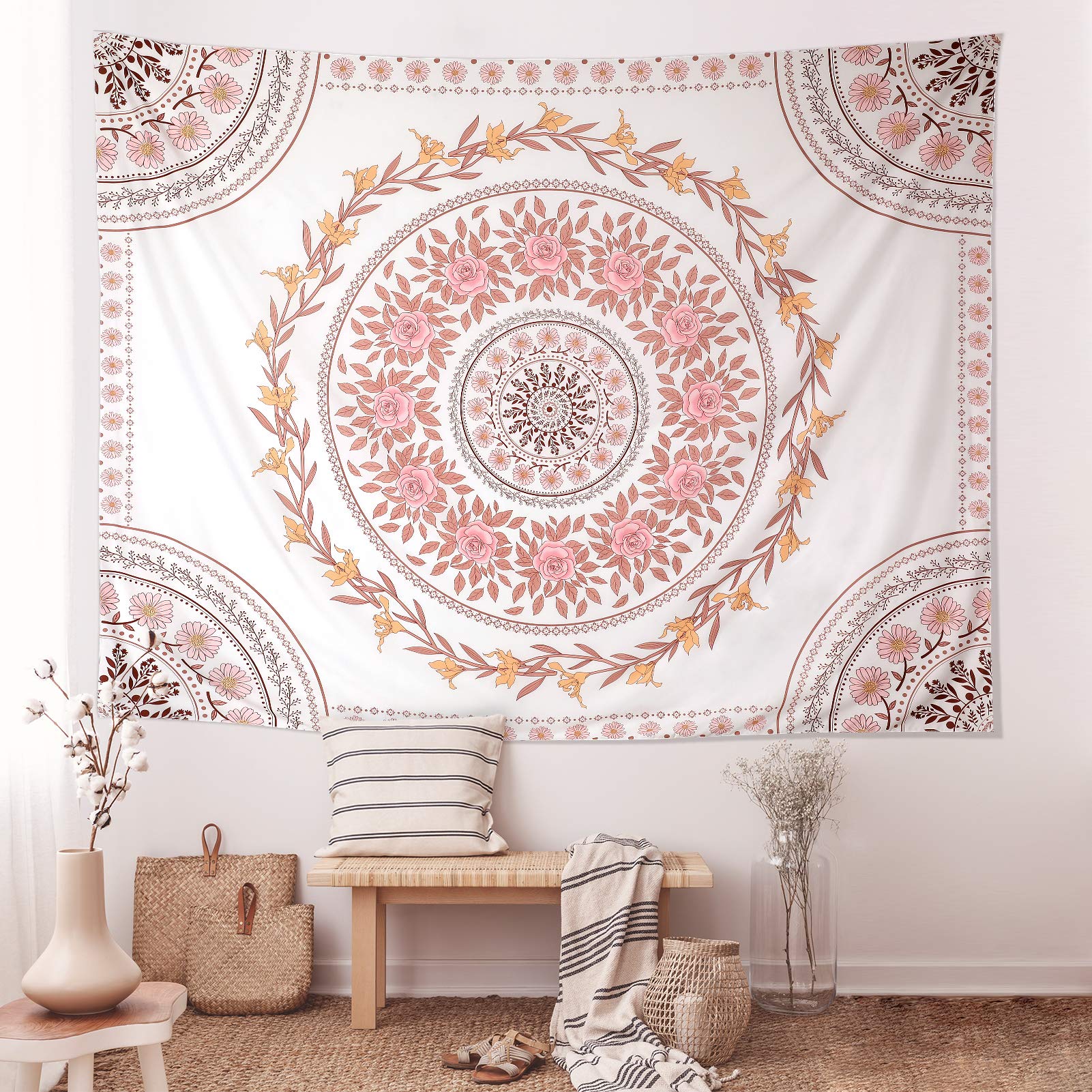 Bohemian Mandala Tapestry Wall Hanging - Pink Floral Medallion Design, Aesthetic Boho Decor for Bedroom, Living Room & Dorm | Perfect for Meditation Spaces, Yoga Studios & Hippie Home Decor