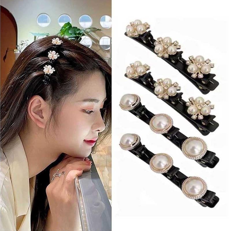 Staila 4PCS Sparkling Crystal Rhinestone Braided Hair Clips Set with 3 Mini Clips - Pearl Duckbill Hairpins for Women & Girls | Wedding, Prom, Party Hair Accessories