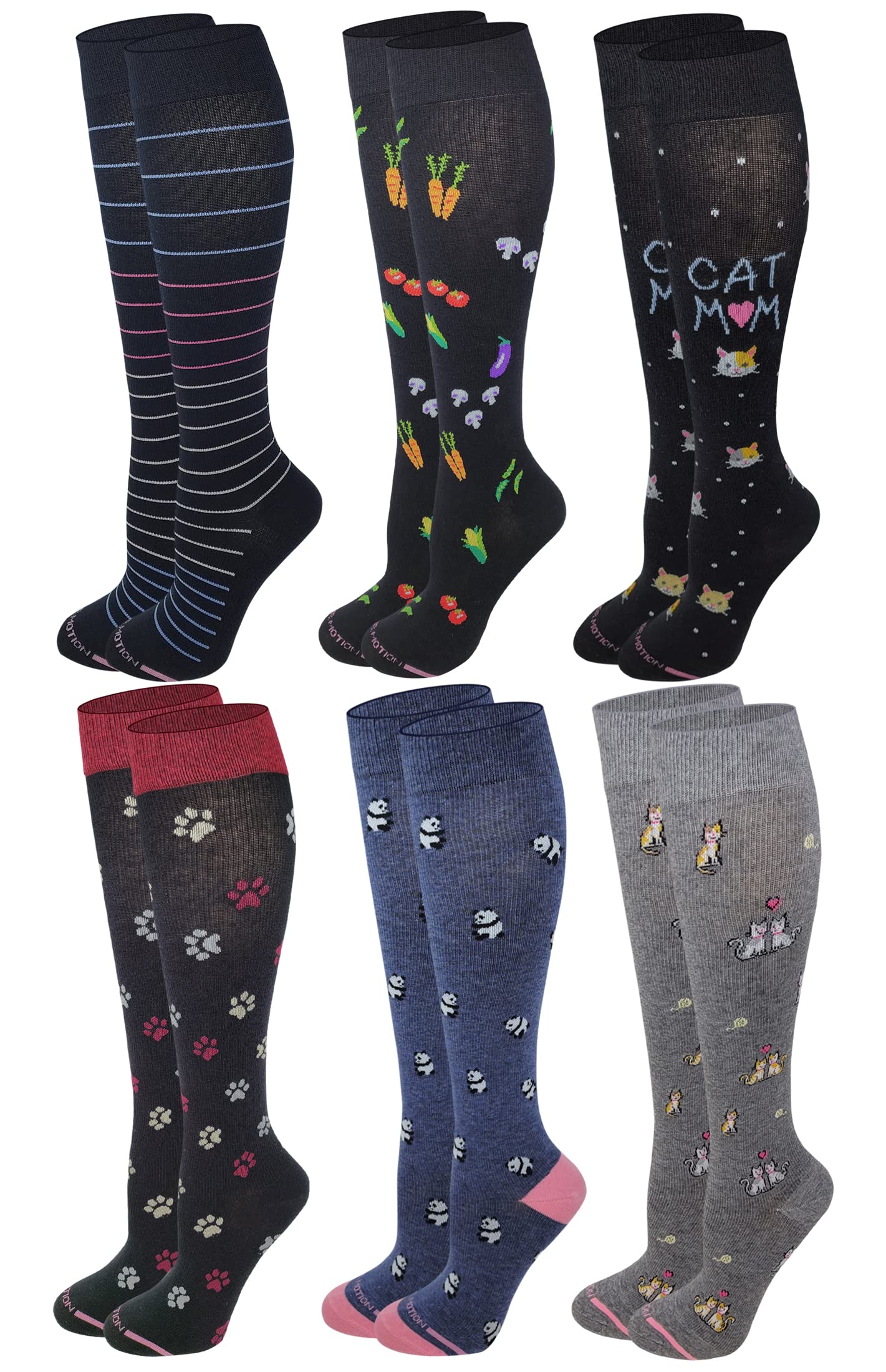 Dr. Motion Women's 6-Pack Everyday Compression Knee High Socks for Circulation, Travel & Work - Soft Support Socks for Nurses, Running & All-Day Comfort