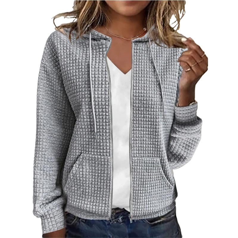 Women's Waffle Knit Hooded Sweatshirt with Drawstring Pockets - Long Sleeve Casual Zipper Jacket for Fall & Winter - Perfect for Outdoor Activities, Lounging and Streetwear Fashion