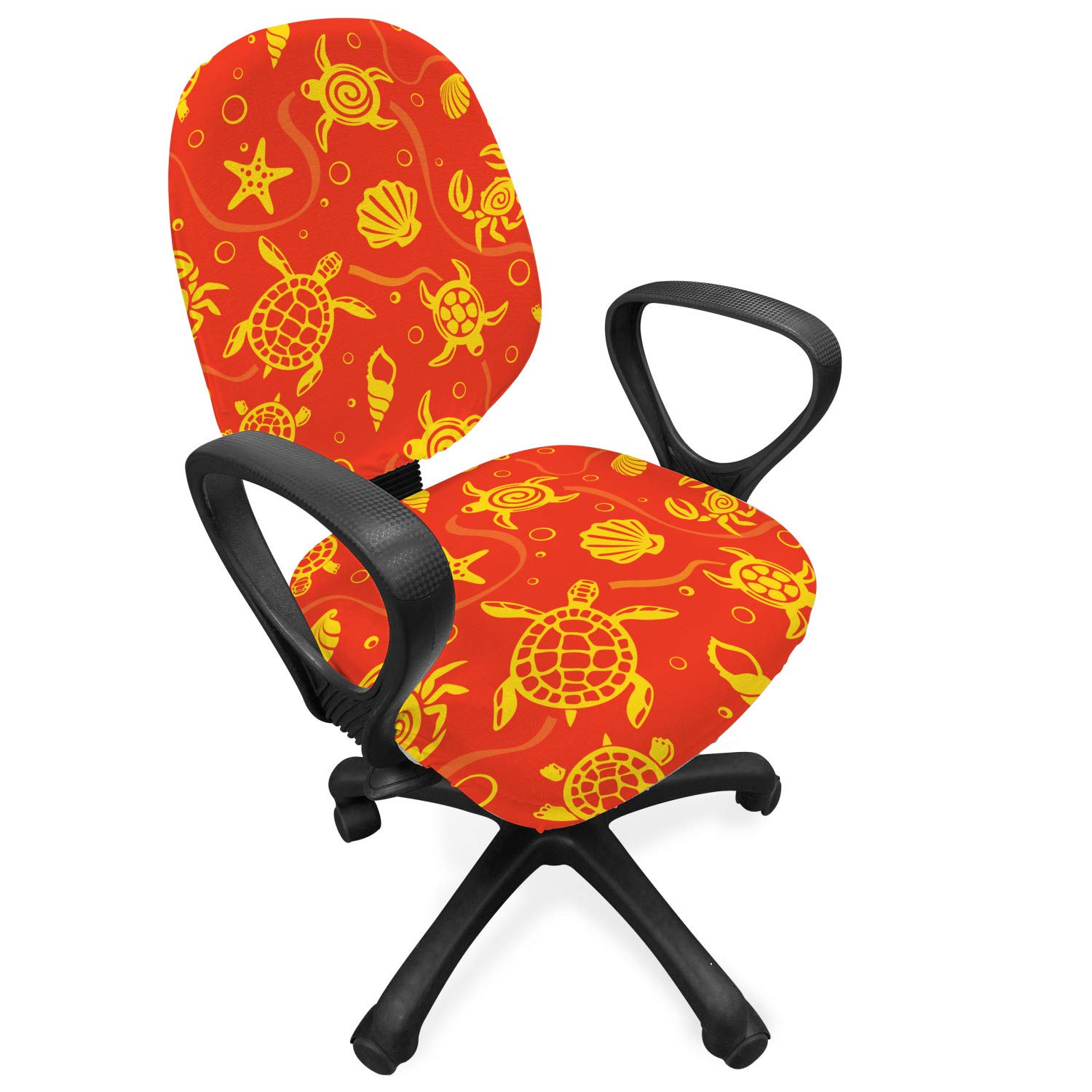 Ambesonne Orange Office Chair Slipcover - Tropical Swimming Turtles & Crabs with Seashells, Bubbles & Starfish Design | Stretchable, Washable Fabric Cover | Standard Size | Burnt Orange & Yellow | Perfect for Home Office, Dorm Room & Coastal Decor