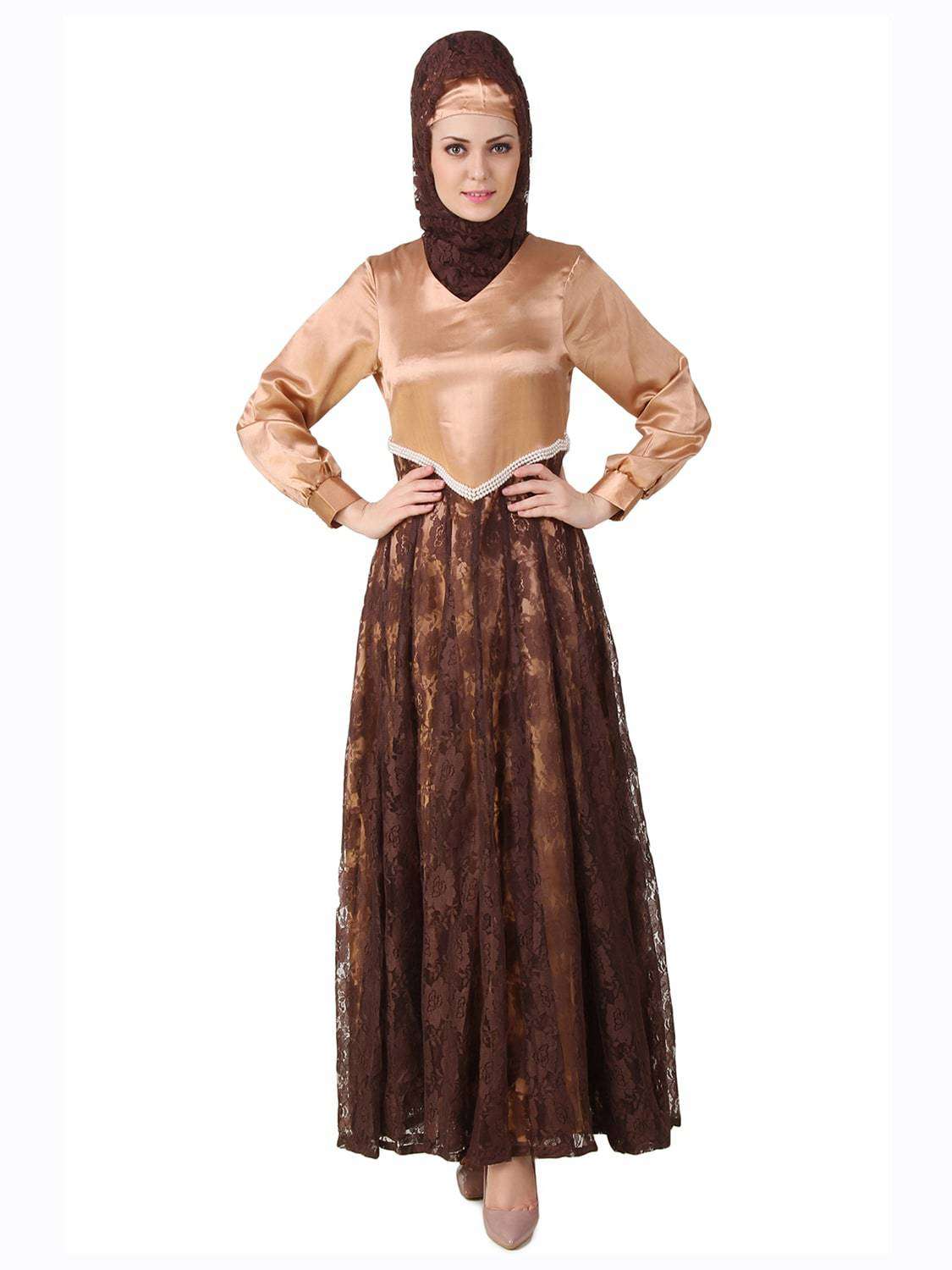 Elegant Mahrosh Copper Satin & Brown Floral Net Abaya Dress - Modest Islamic Prayer Gown for Women - Perfect for Eid, Ramadan & Special Occasions