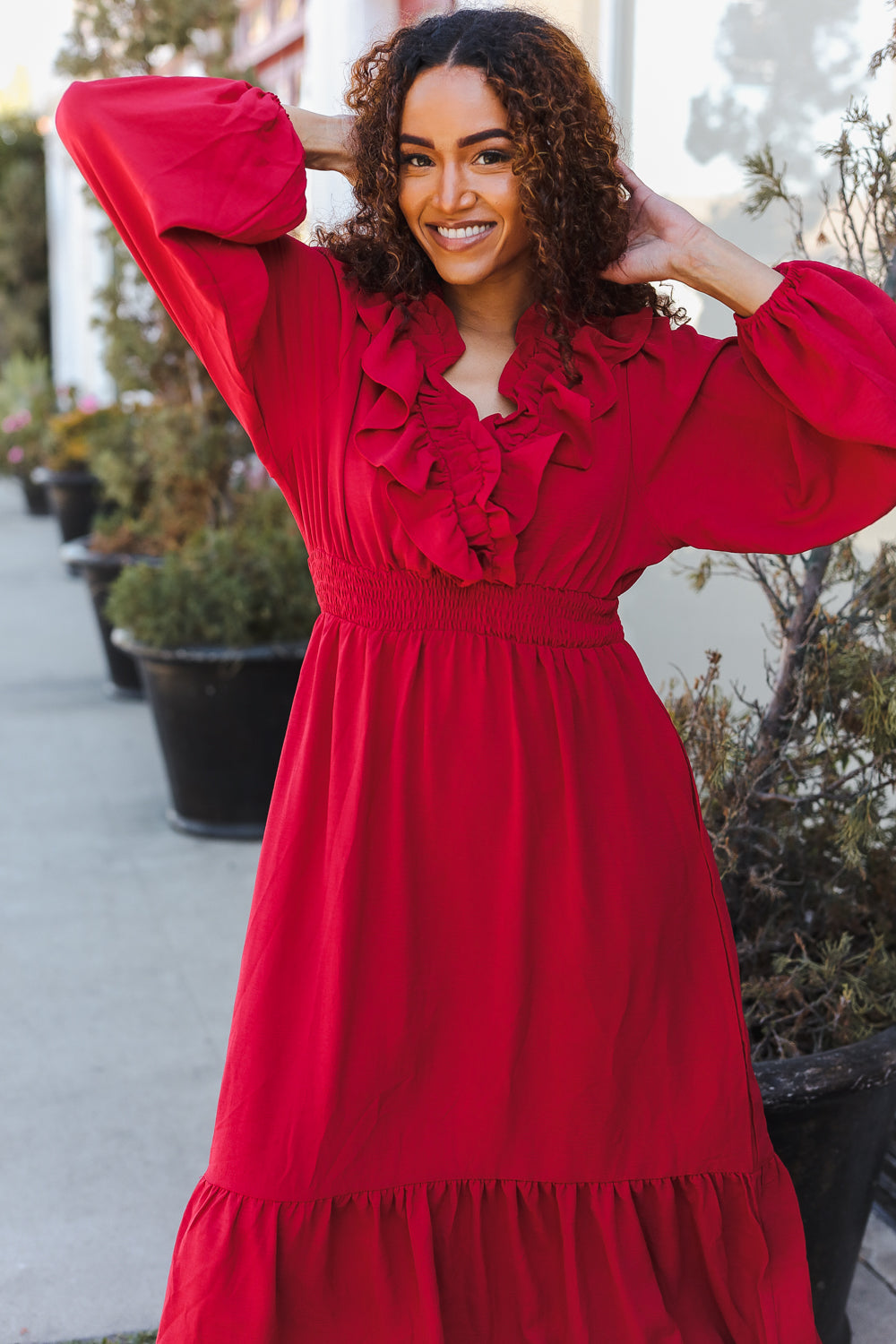 Elegant Holiday Red Overlap Ruffle V-Neck Midi Dress for Women | Christmas Party, Cocktail Event & Special Occasion Outfit