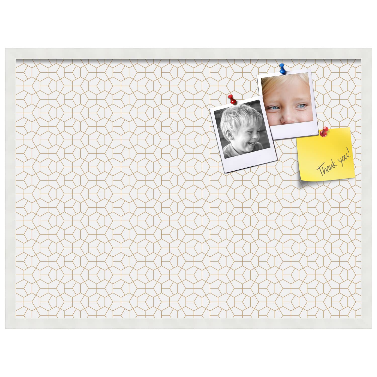 PinPix 32x24 Inch Cork Bulletin Board - Decorative Framed Pin Board with Modern Hex Gold Design & Satin White Frame - Perfect for Home Office Decor, School Classroom, Dorm Room Organization & Wall Memo Board (PinPix-1537)