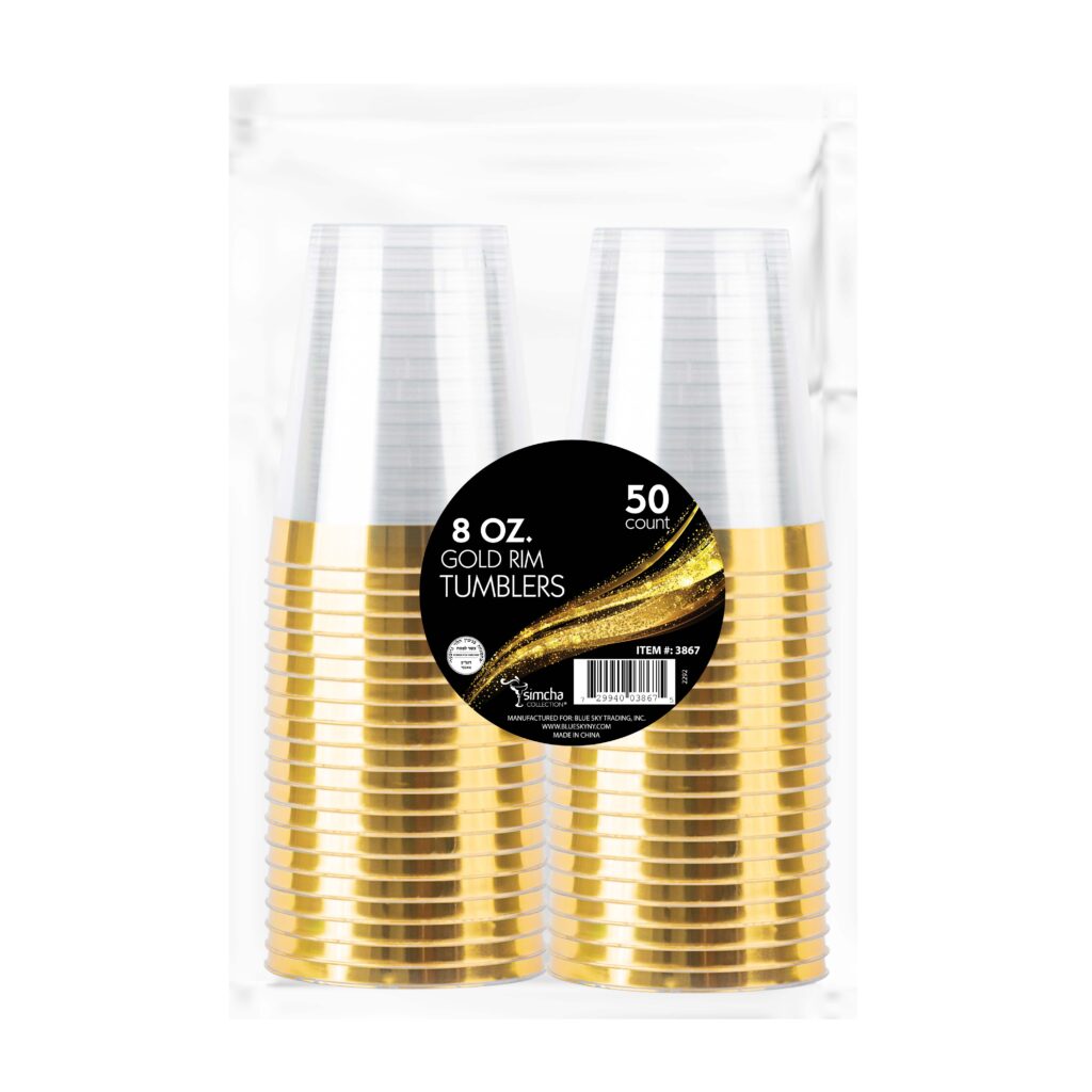 50 Pack 8 oz Plastic Round Tumblers with Gold Rim - Elegant Disposable Cups for Parties, Weddings, and Events - BPA-Free Drinkware for Cocktails, Iced Coffee, and Beverages