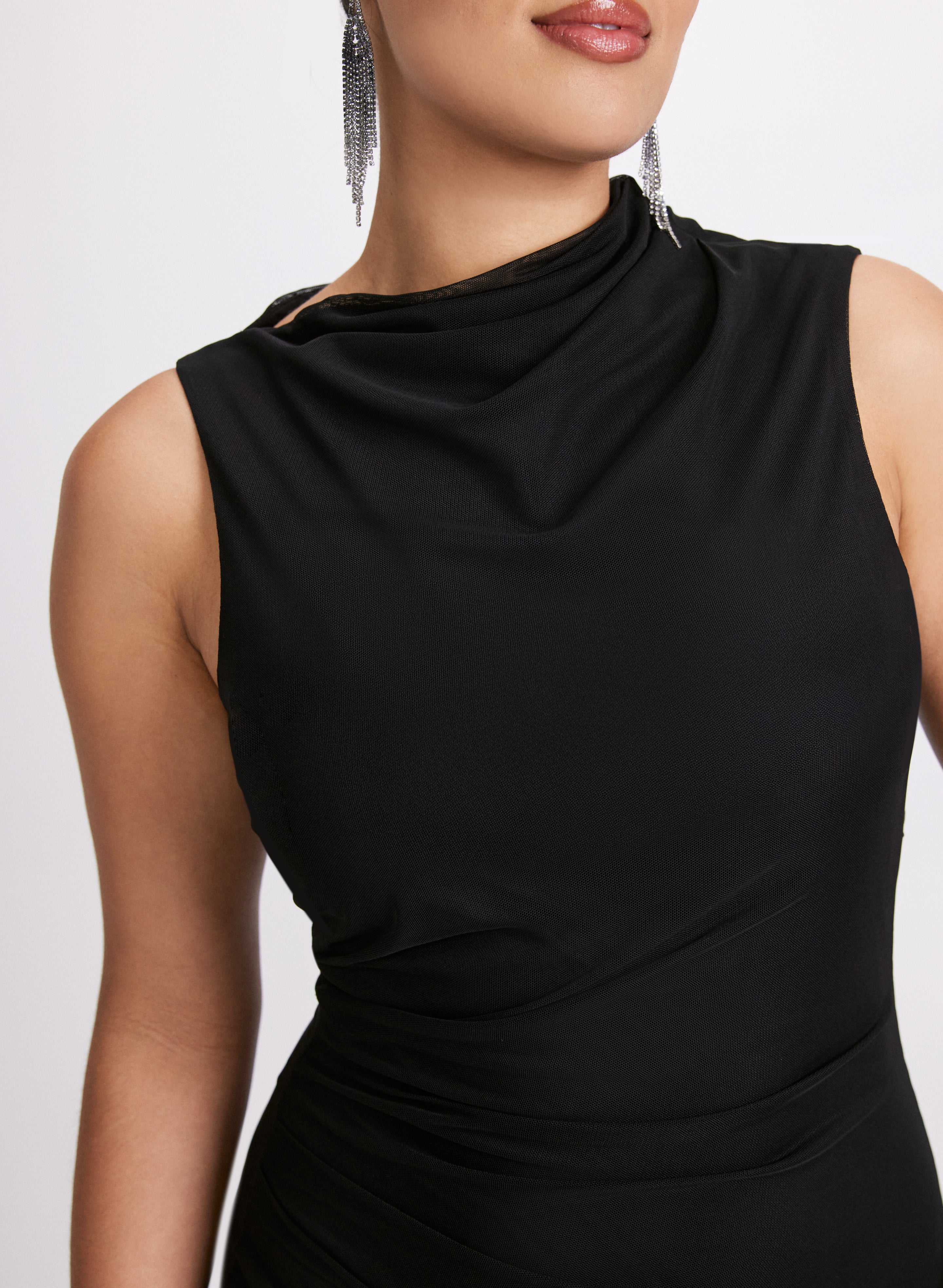 Elegant Draped Mesh Dress for Women - Sexy Sheer Long Sleeve Party Gown - Perfect for Evening Events, Date Nights & Special Occasions