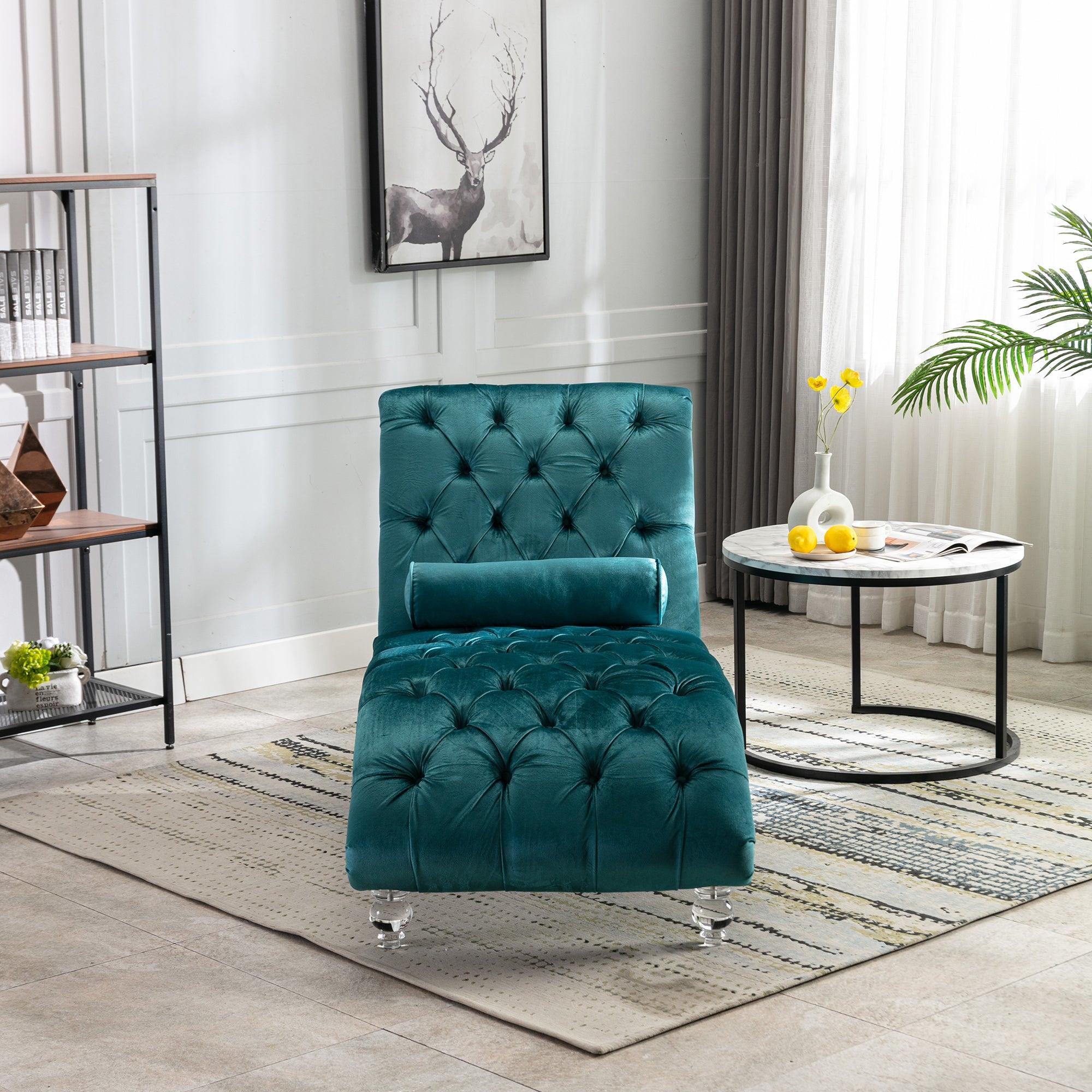 Luxury COOMORE Velvet Chaise Lounge Chair - Button Tufted Upholstered Sofa with Pillow for Bedroom, Living Room & Office - Teal Velvet - Perfect for Reading Nook, Lounge Area & Home Decor