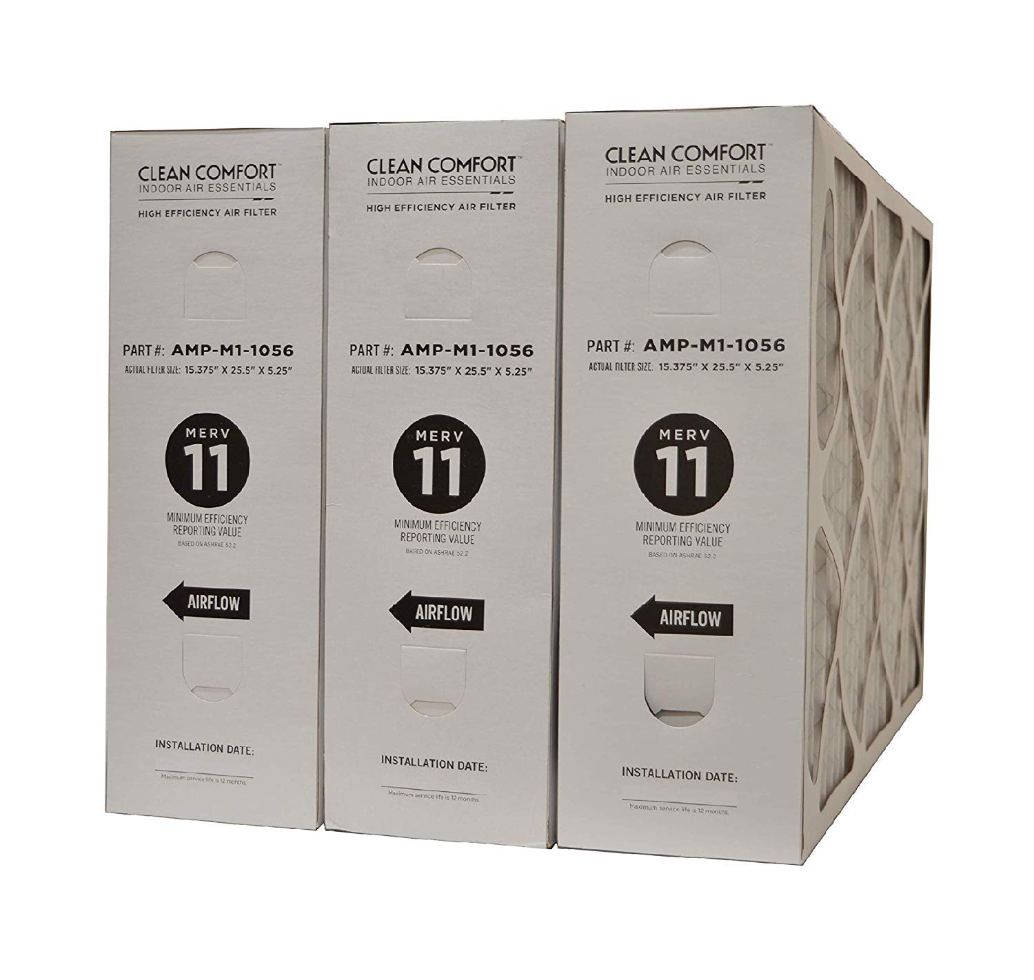 Genuine MERV 11 Air Filter 16x25x5 (Actual Size 15 3/8 x 25 1/2 x 5 1/4) - 3 Pack - Compatible with Carrier, Goodman, Amana, Reliance & Enercare Furnace & Air Cleaners - Clean Comfort AMP M1 1056 Replacement - Ideal for Home HVAC Systems & Air Purifiers