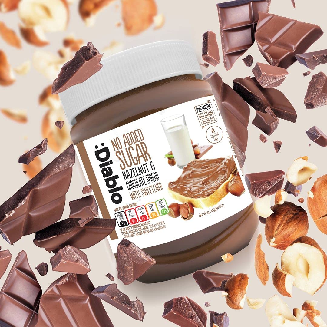 Diablo Hazelnut Chocolate Spread - No Added Sugar, Gluten Free, Healthy Nutella Alternative - Natural Chocolate Hazelnut Butter for Bread, Toast, Pancakes & Desserts - 350g Jar - Perfect for Breakfast, Snacks & Gift Giving