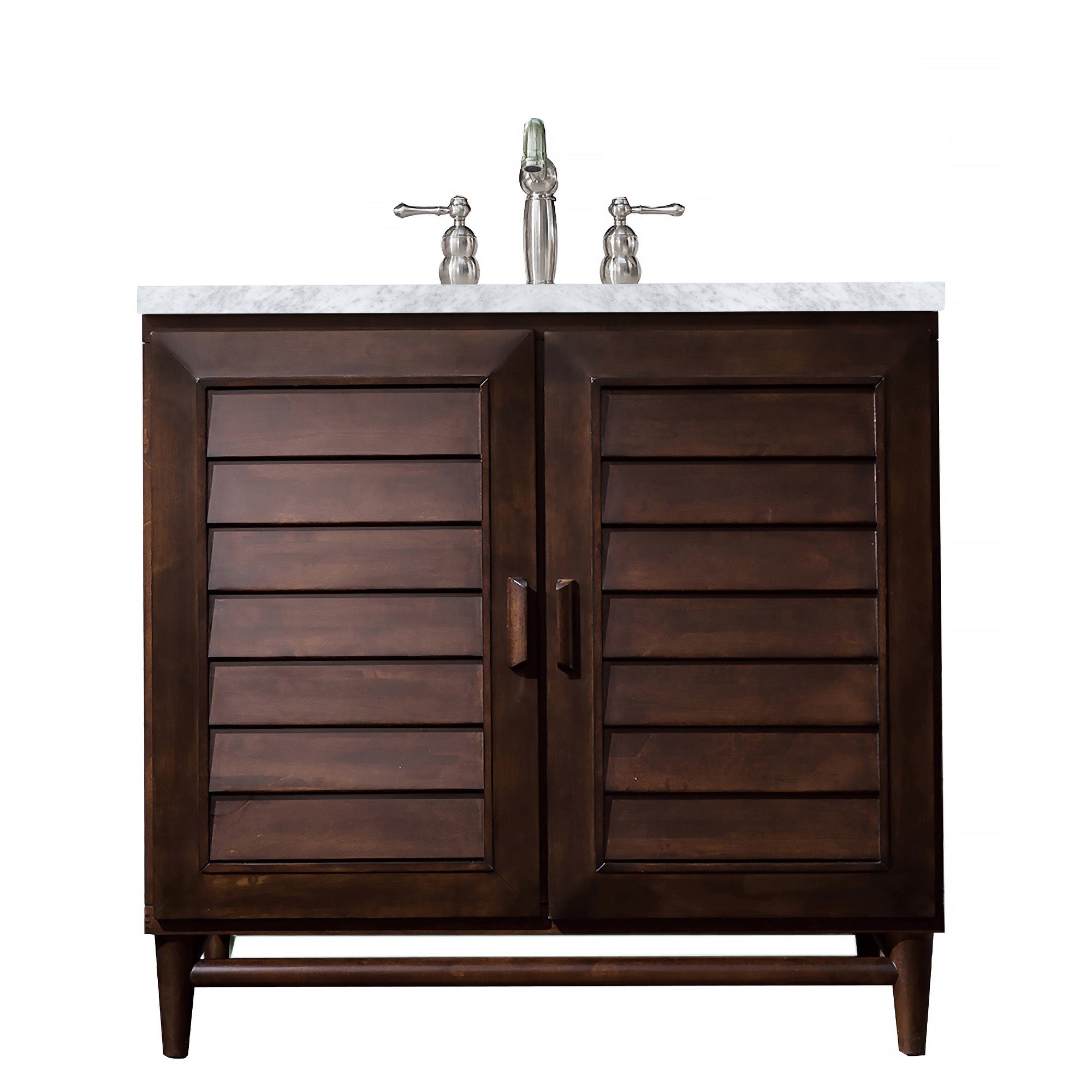 Portland 36 Inch Single Bathroom Vanity with Burnished Mahogany Finish & 3CM Carrara Marble Top - Perfect for Modern Home Bathroom Remodeling and Renovation Projects