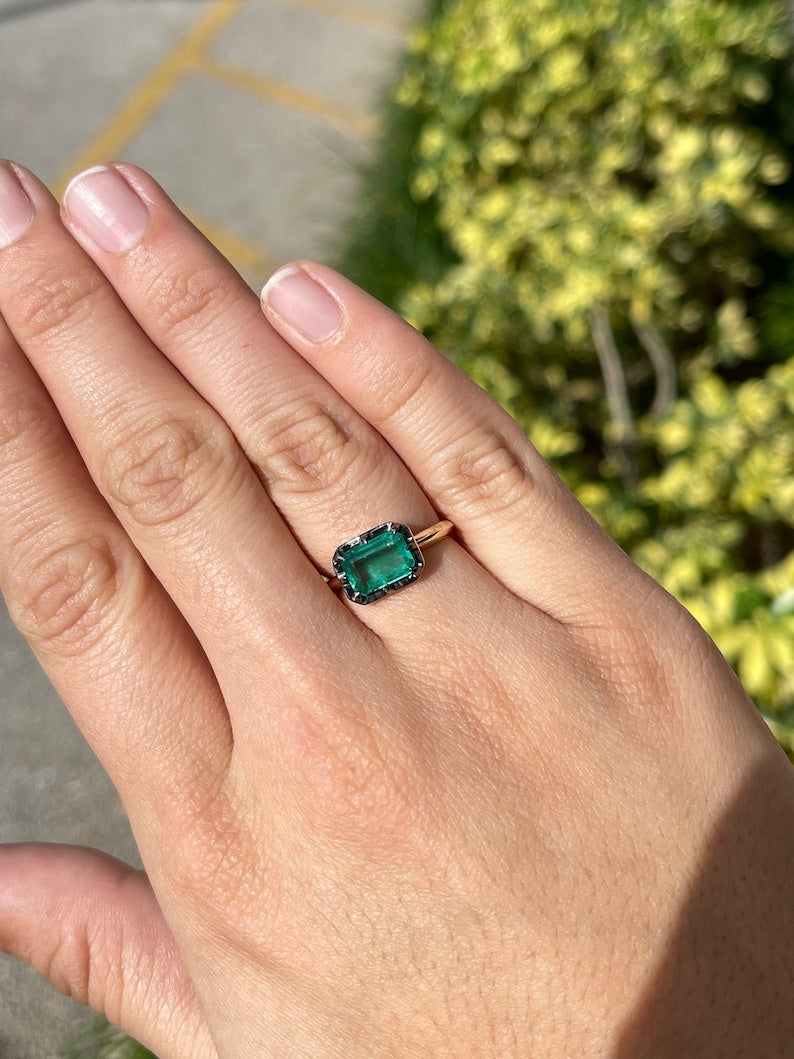 1.85ct 14K Gold Emerald Cut Georgian Style Bluish Green Solitaire East-West 8 Prong Engagement Ring for Women | Vintage Inspired Wedding Band, Anniversary Gift, Special Occasion Jewelry