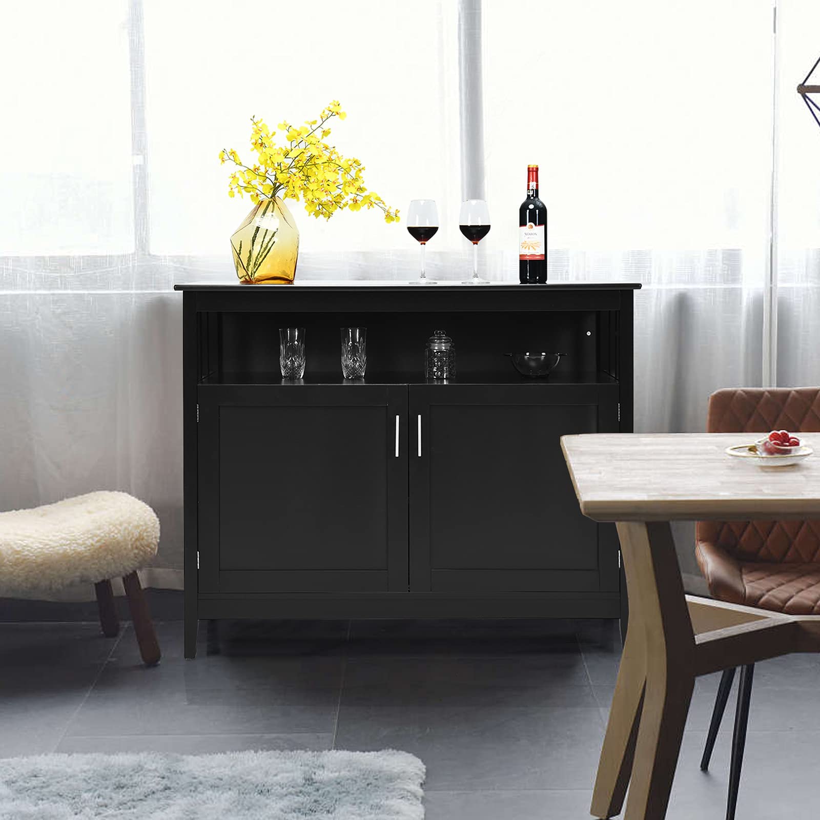 Modern Kitchen Storage Sideboard Buffet Cabinet with Open & Adjustable Shelves - Space Saving Organizer for Kitchen, Living Room & Dining Room - Perfect for Small Spaces & Home Decor (Black)