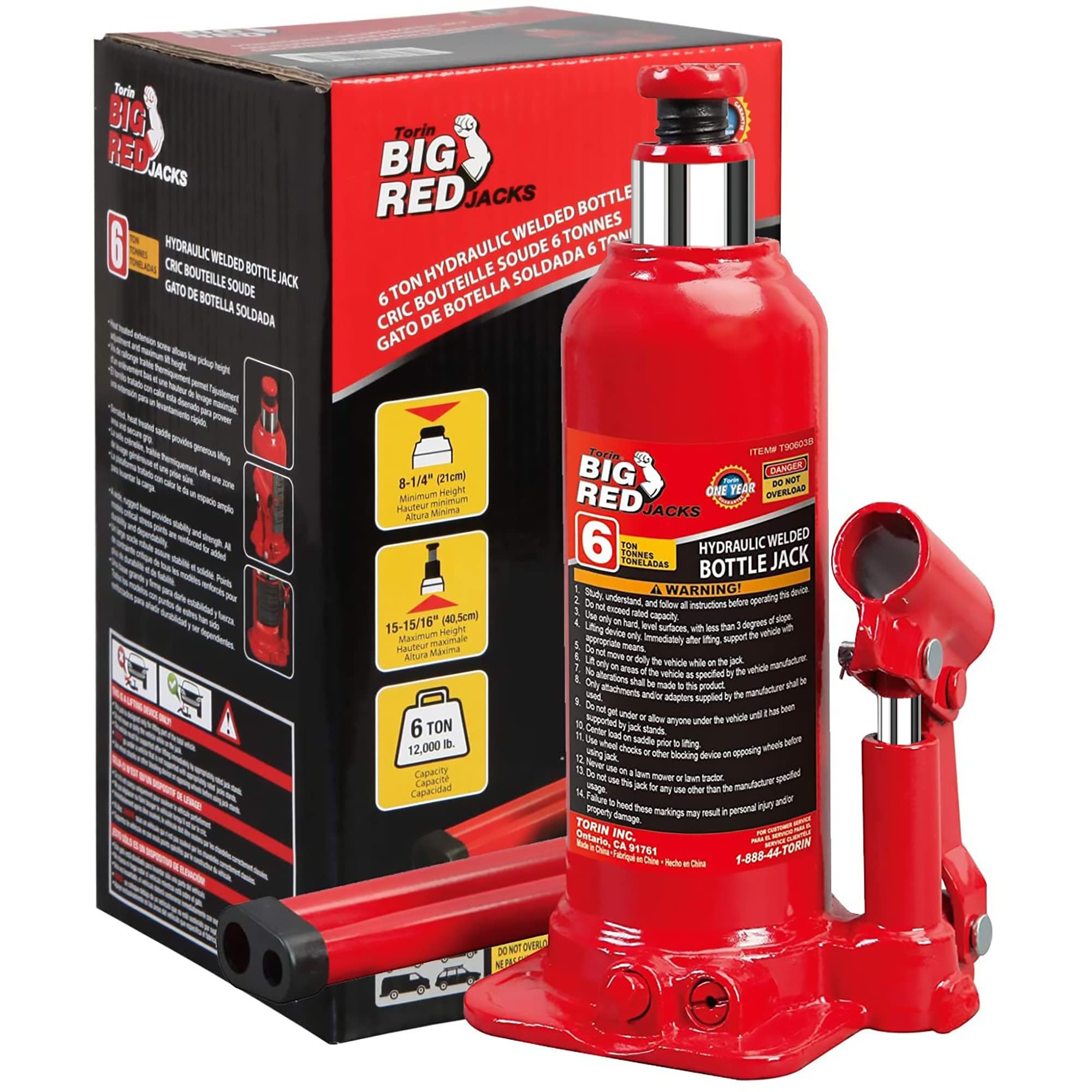 Torin T90603B 6 Ton (12,000 lb) Hydraulic Welded Bottle Jack - Heavy Duty Red Car Jack for Vehicle Lifting, Auto Repair & Construction Use