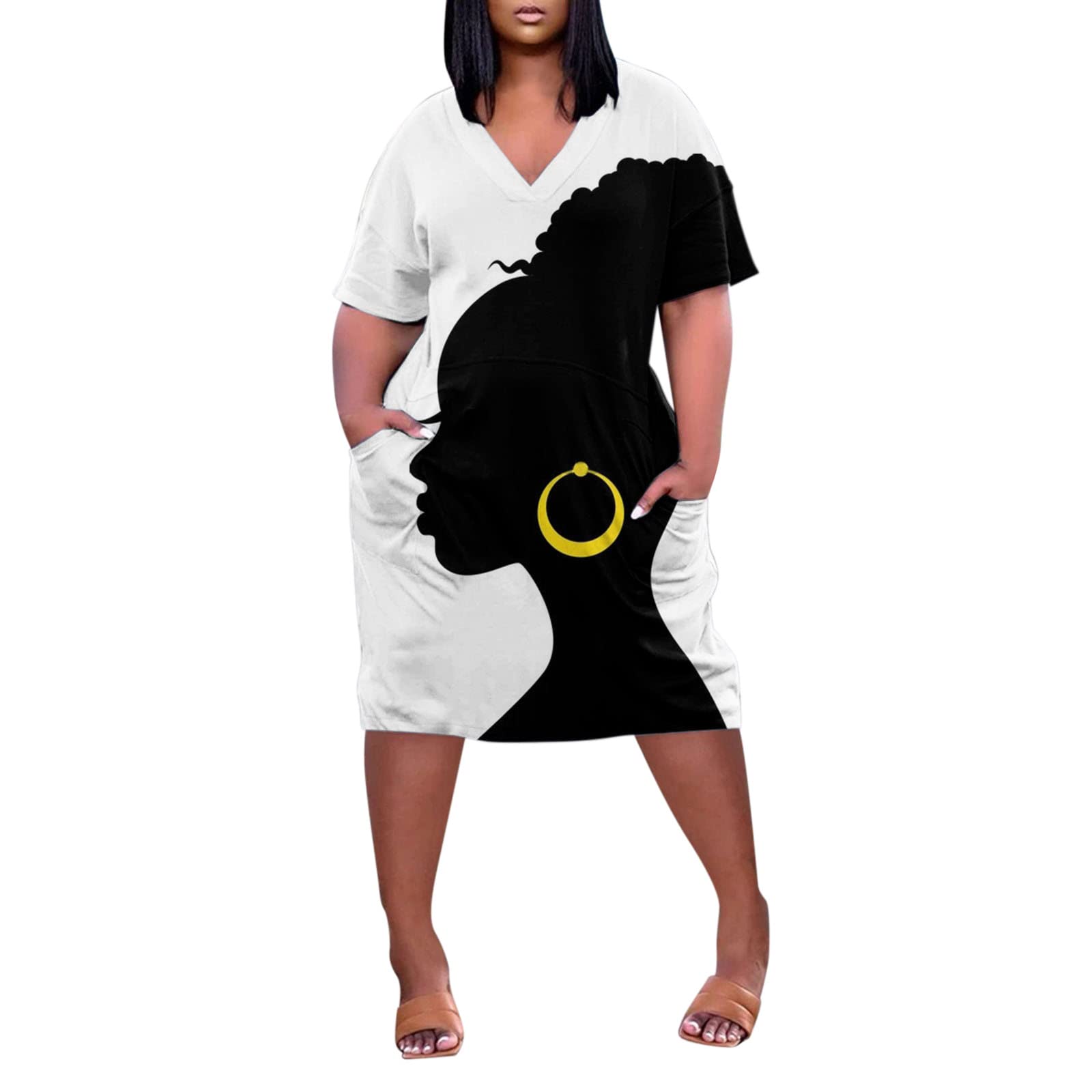 Women's Plus Size Tie Dye V-Neck Summer Dress - Casual Short Sleeve T-Shirt Sundress with Pockets (White, XXL) | Perfect for Beach Outings, Picnics & Summer Vacations
