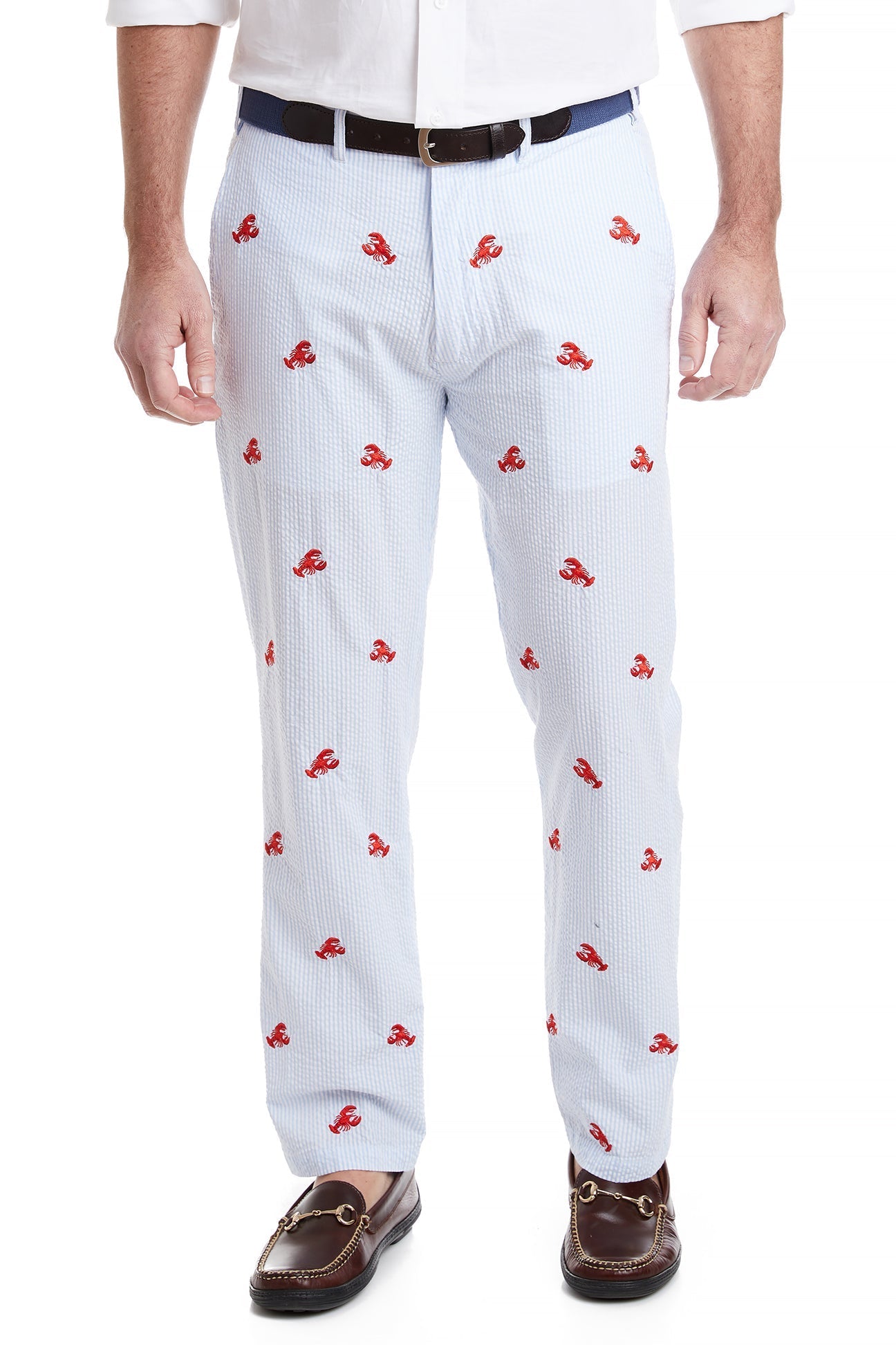 Men's Harbor Pant Blue Seersucker with Lobster Print - Casual Summer Trousers for Beach, Vacation & Outdoor Activities