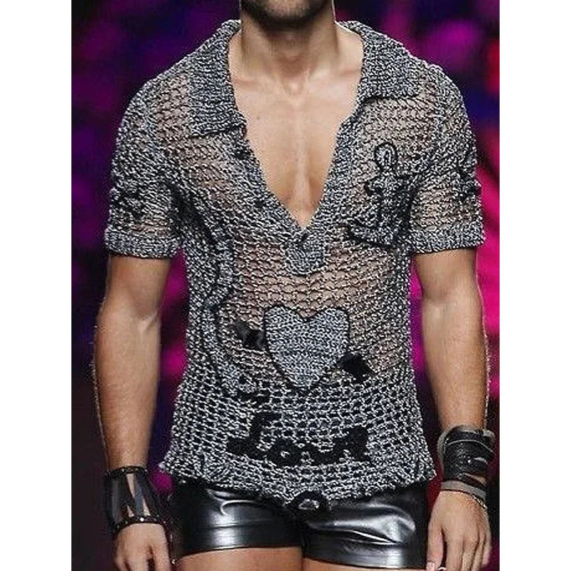 Men's Mesh Crochet Shirt - Breathable V-Neck Party Top for Festivals & Nightclubs | Perfect for Summer Concerts, Beach Parties & Rave Events