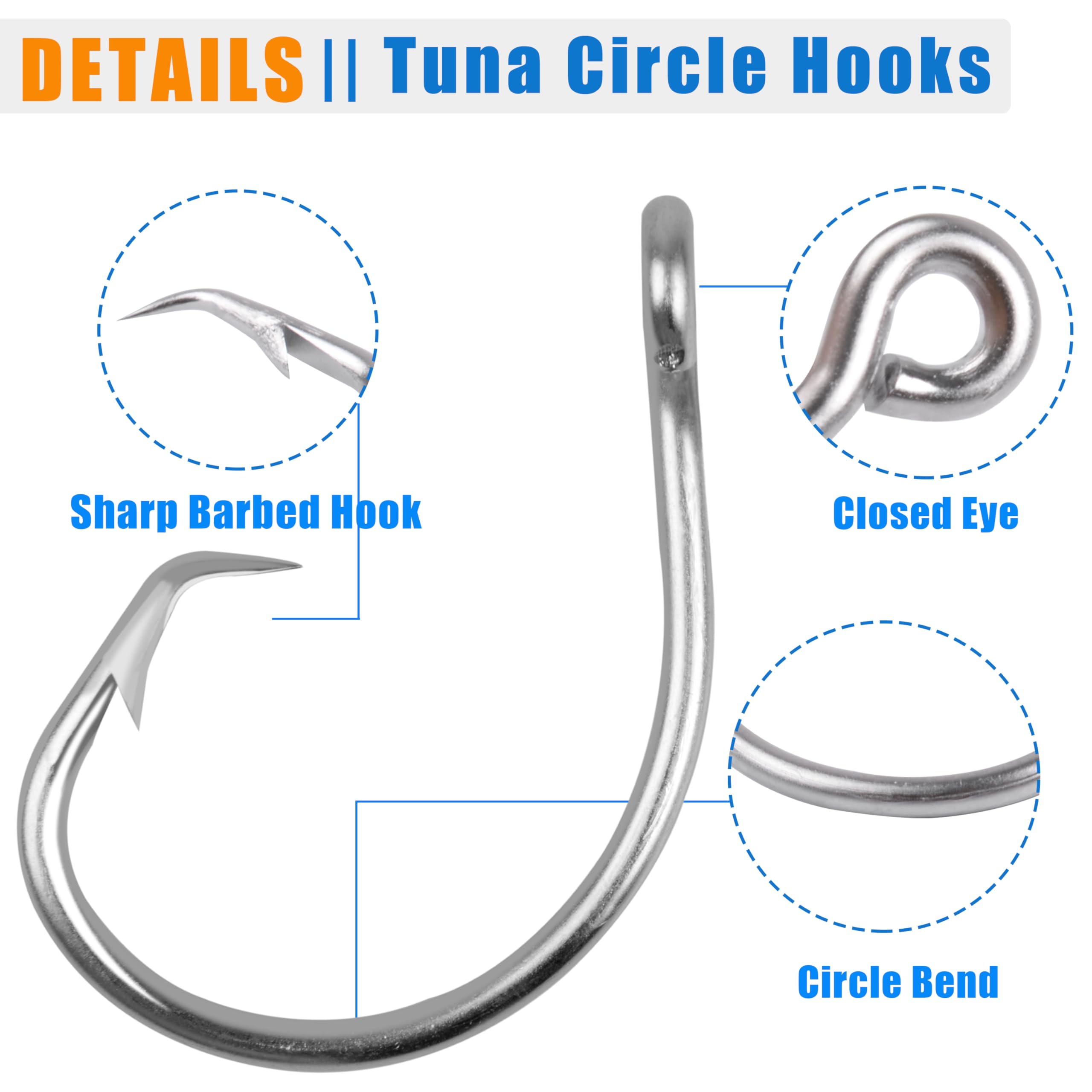 FUSIGO Saltwater Tuna Giant Circle Hooks 8/0-28/0 - Premium Stainless Steel Big Game Fishing Hooks for Swordfish, Tuna & Shark - Heavy Duty In-Line Circle Hooks for Deep Sea Fishing & Offshore Angling