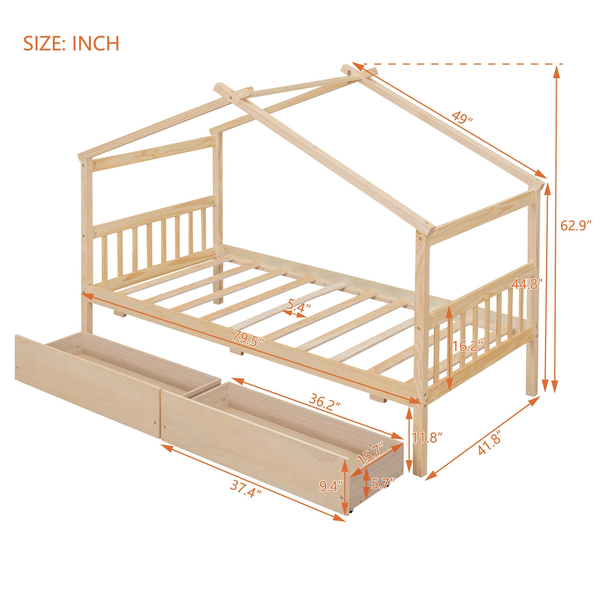 Harper & Bright Designs Twin Size Wooden House Bed for Kids with Storage Drawers - Natural Wood Roof Design Bed Frame for Boys & Girls - Perfect for Bedrooms, Playrooms & Kids' Rooms