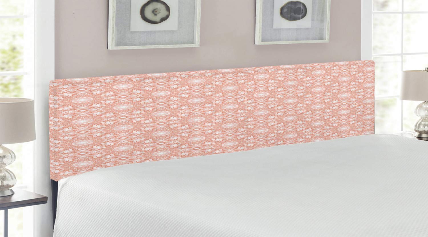 Ambesonne Coral Upholstered King Size Headboard - Classic Mandala Motif Design with Memory Foam, White & Coral | Perfect for Master Bedroom, Guest Room & Coastal Decor
