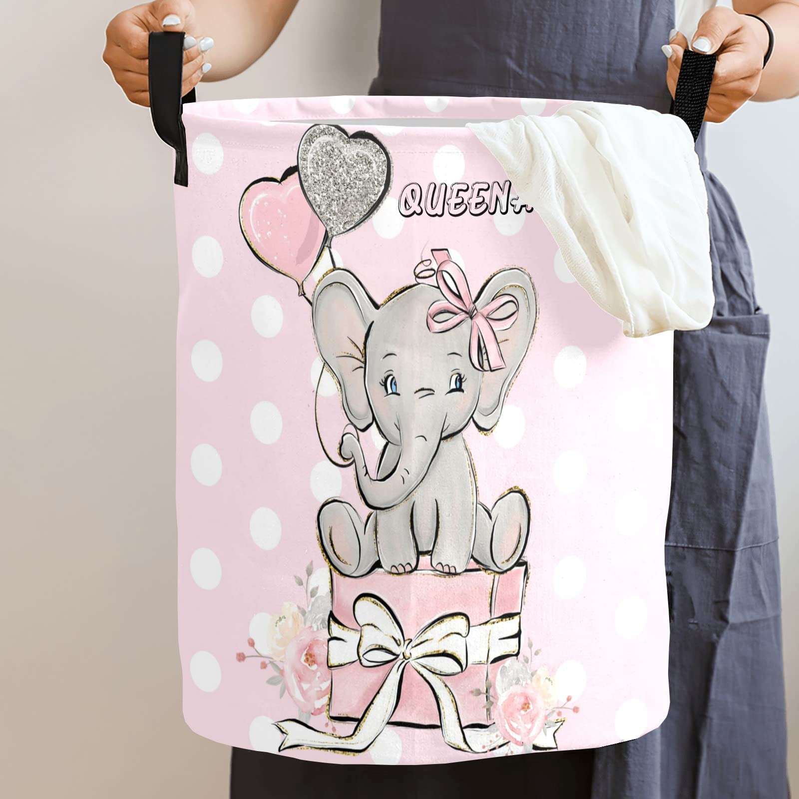 Elephant Pink Silver Glitter Balloons Storage Bin - Waterproof Oxford Fabric Laundry Hamper & Organizer for Clothes, Toys, Gifts | Perfect for Nursery, Bedroom & Home Organization