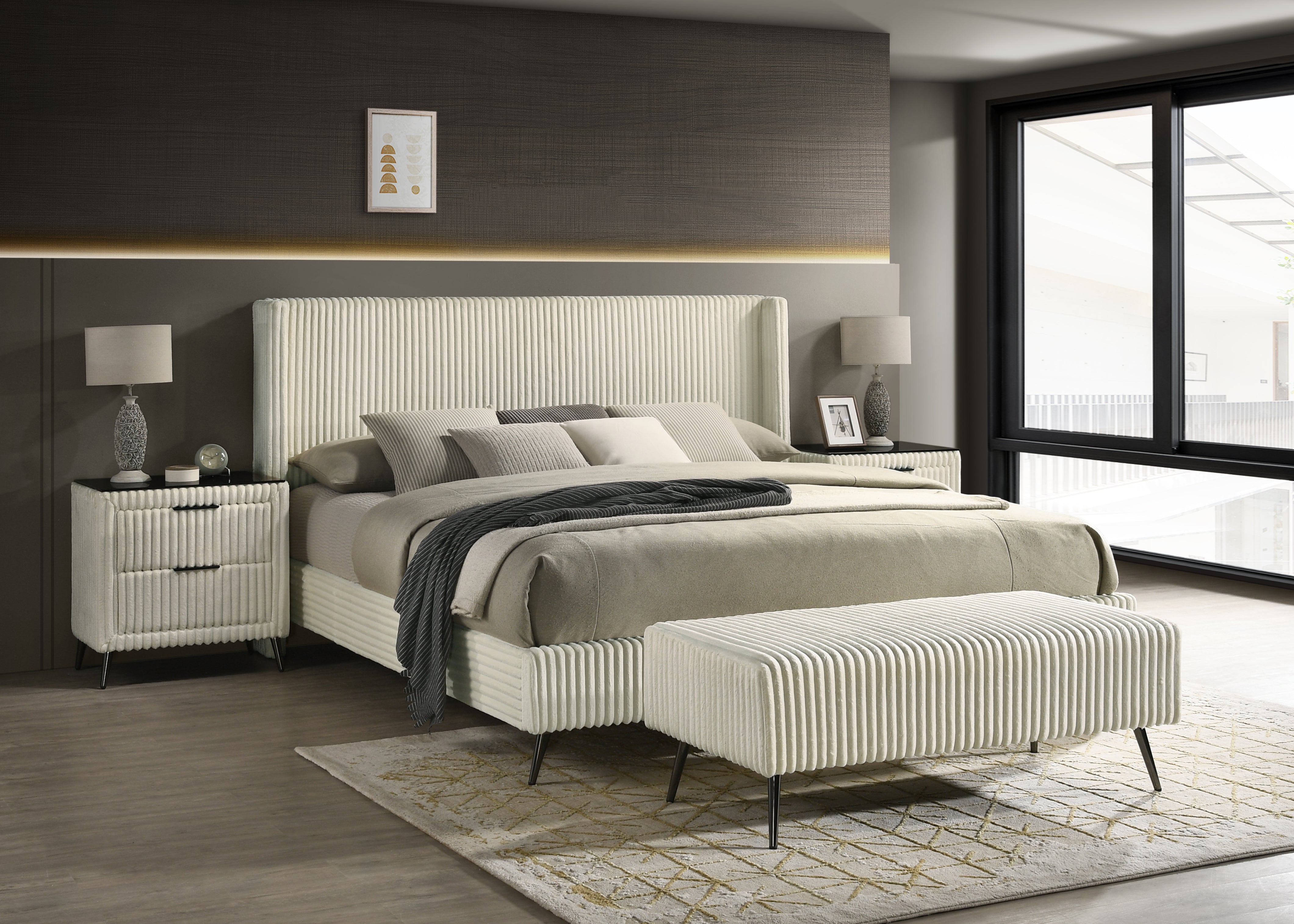 Roundhill Furniture Mavela Wide Wale Corduroy Upholstered Panel Bed - Queen Size Cream Upholstery Bed Frame for Bedroom, Living Room & Guest Room