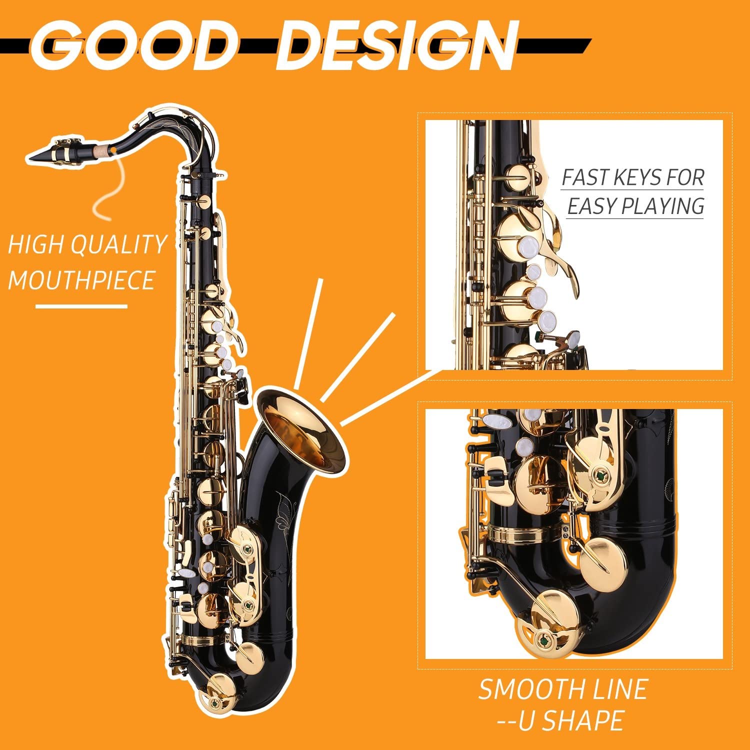 B-Flat Tenor Saxophone Bb Black Lacquer - Complete Beginner Sax Kit with Case, Mouthpiece, Reeds, Neck Strap, Cleaning Cloth & Brush - Perfect for Jazz, Band Practice & School Performances
