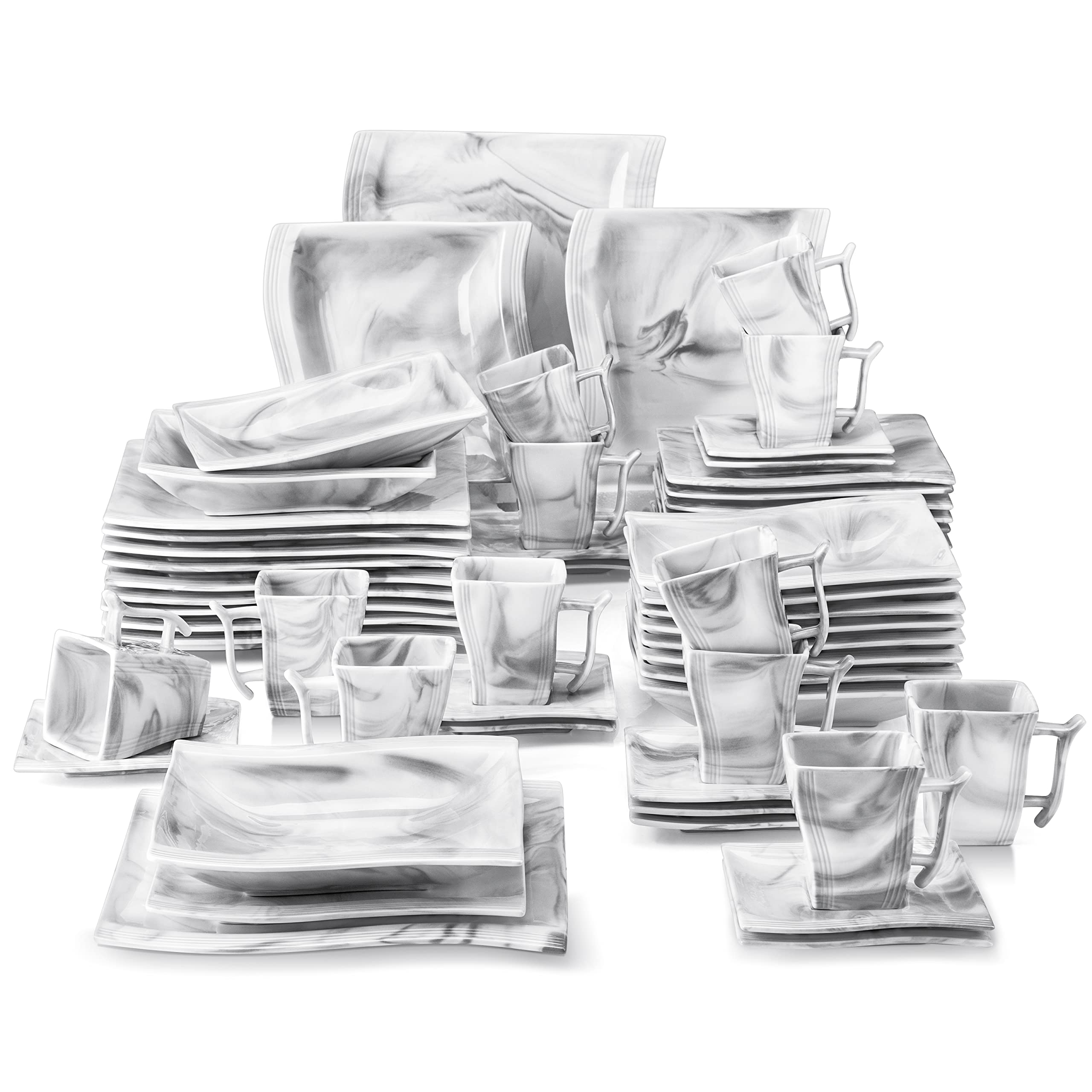 MALACASA 60-Piece Modern Porcelain Dinnerware Set for 12 - Marble Design Plates, Bowls, Cups & Saucers - Square Floral Dinnerware Set for Formal Dining, Wedding, Restaurant & Home Entertaining
