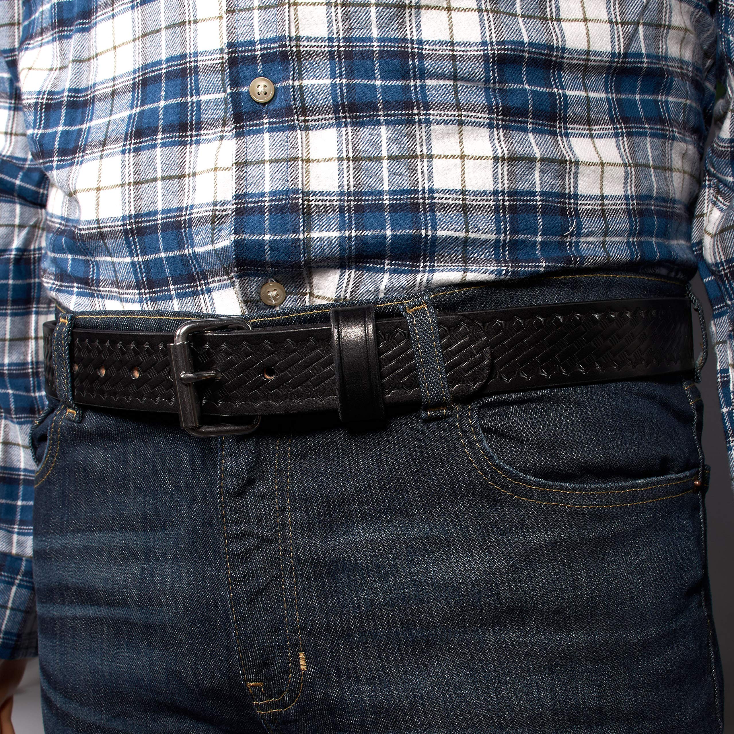 Old Timer Heavy Duty 14 oz Leather Gun Belt - Basketweave Embossed Concealed Carry CCW Belt - Handmade in USA - Perfect for Everyday Wear & Concealed Carry