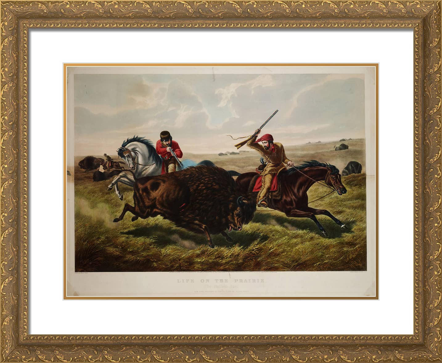Currier and Ives 'Life on the Prairie: The Buffalo Hunt' 24x20 Gold Ornate Framed Art Print with Double Matting - Vintage Western Wall Decor for Living Room, Office & Cabin