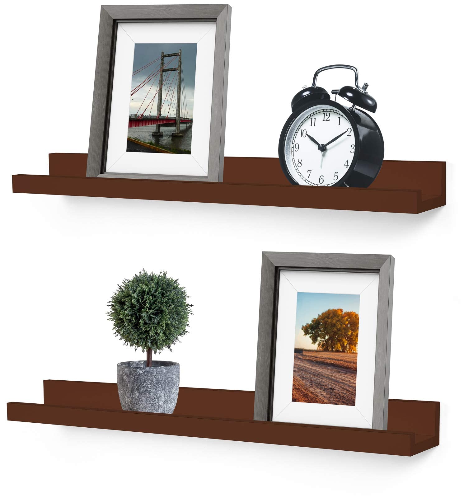 Greenco Set of 2 Floating Picture Shelves - Wall Mounted Photo Ledge for Bedroom, Living Room, Kitchen, Bathroom & Nursery Display - Walnut Finish - Perfect for Showcasing Family Photos, Artwork & Decorative Items